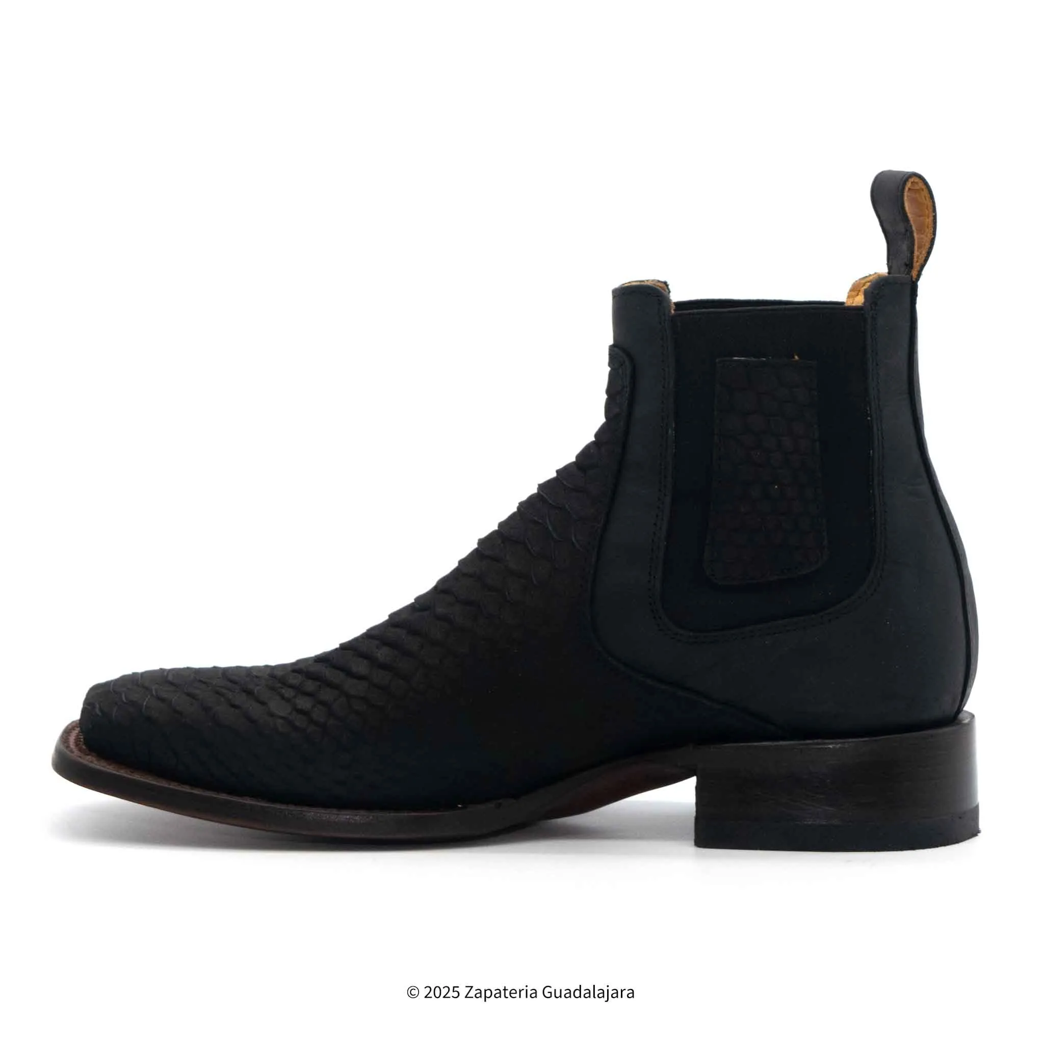 MEN'S WIDE SQUARE TOE FAUX PYTHON TRIBUTE BLACK LEATHER BOOT -H42R6305