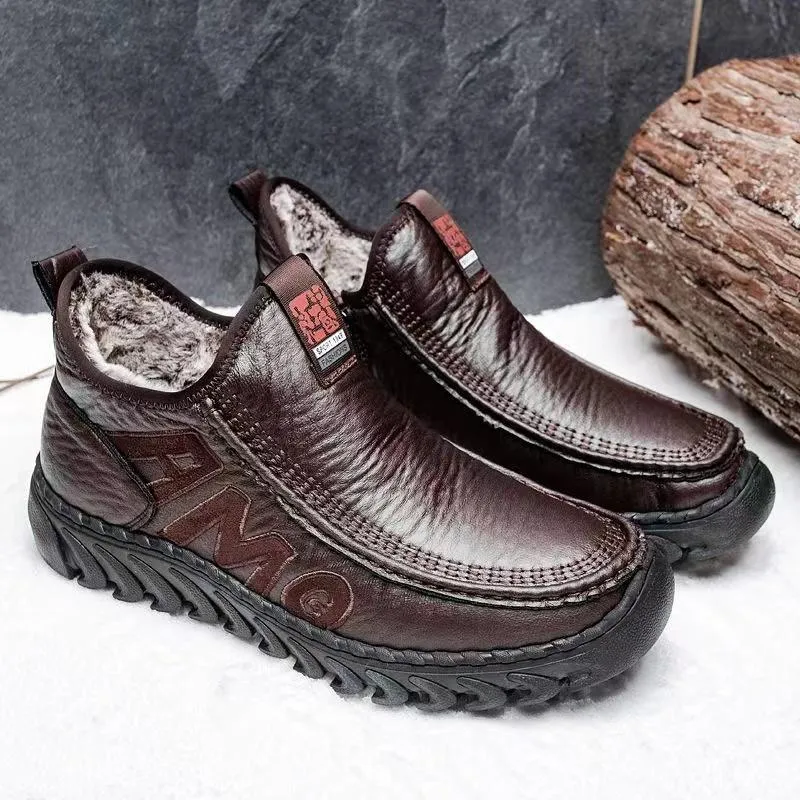Men's Winter Leather Boots Natural Wool Warm Waterproof Snow Boots