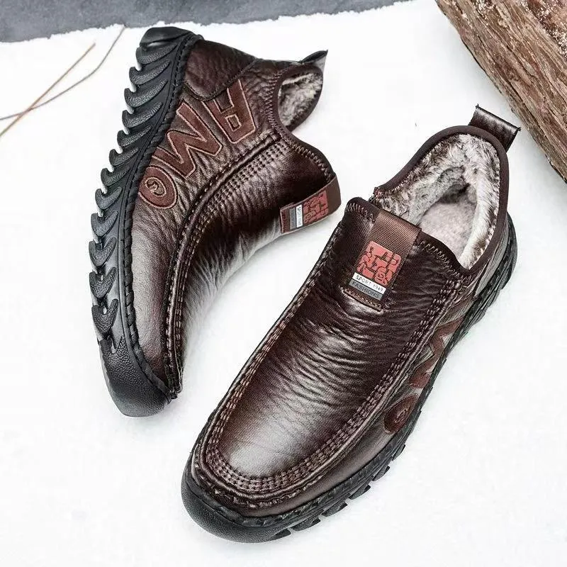 Men's Winter Leather Boots Natural Wool Warm Waterproof Snow Boots