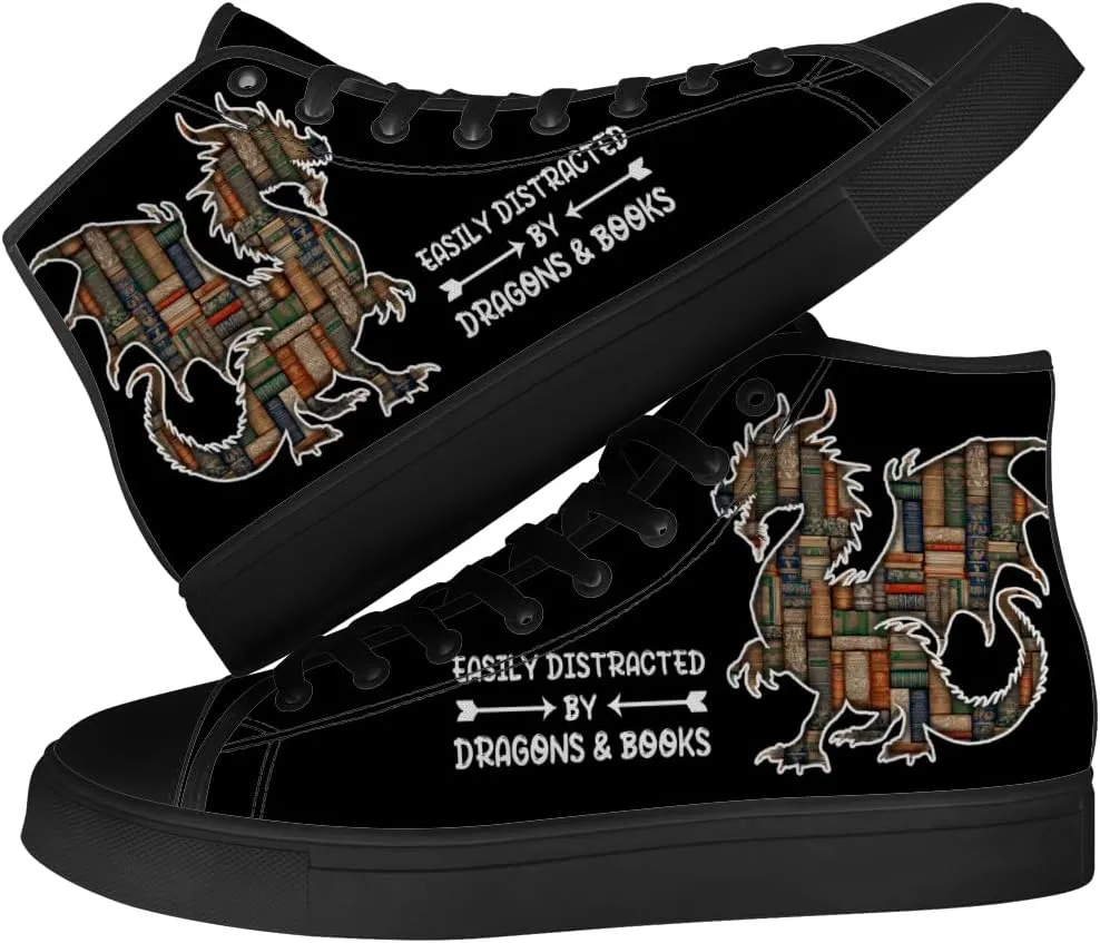 Men's Women's Dragon Reading Book High Top Canvas Shoes Dragon High Top Sneakers Lace Up Casual Shoes Gifts for Boys Girls