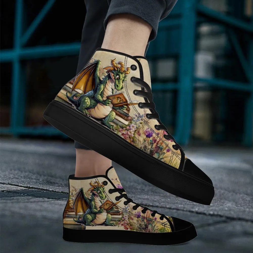 Men's Women's Dragon Reading Book High Top Canvas Shoes Dragon High Top Sneakers Lace Up Casual Shoes Gifts for Boys Girls