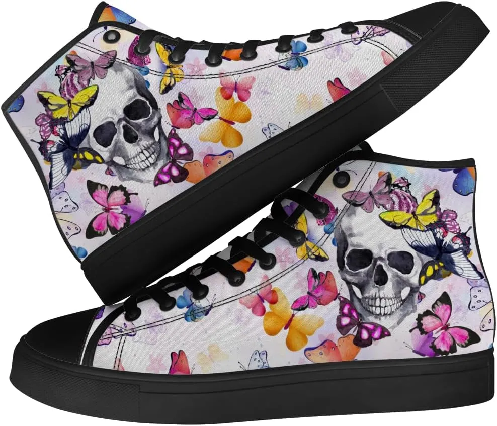 Men's Women's Skull High Top Canvas Shoes Butterfly High Top Sneakers Lace Up Casual Shoes Gifts for Men Women