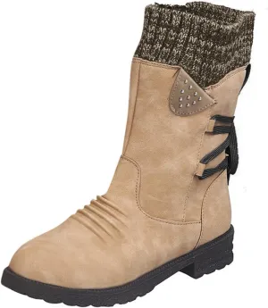 Mid Calf Boots Winter Boots for Women Snow Boots for Women Retro Style Lace-Up Chunky Heel Mid-Calf Boots Snow Boots