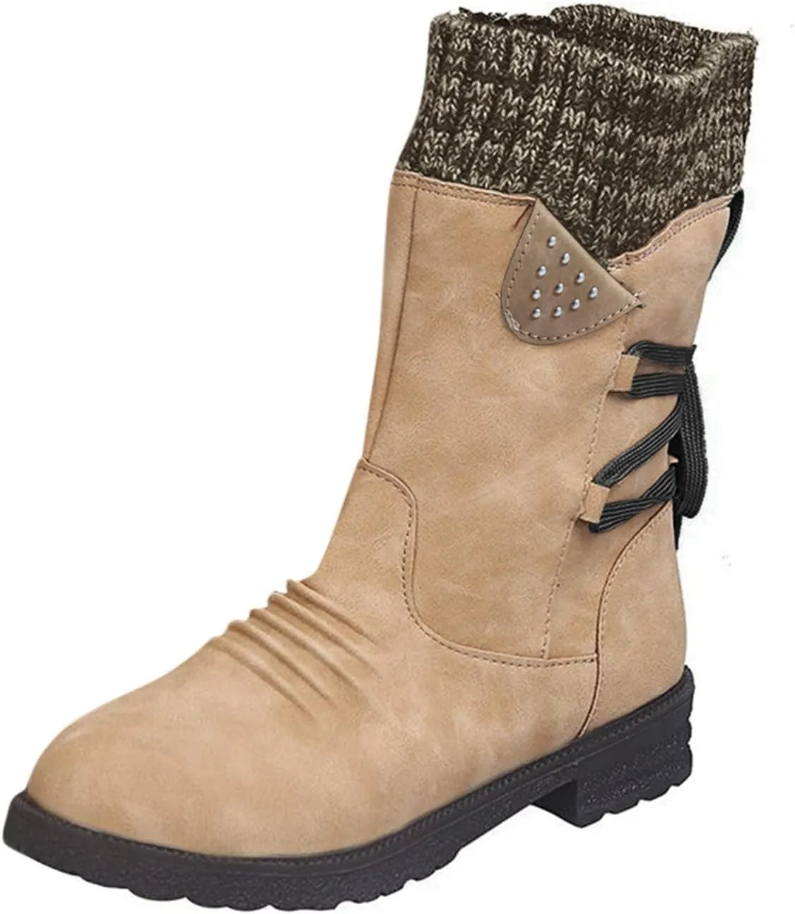 Mid Calf Boots Winter Boots for Women Snow Boots for Women Retro Style Lace-Up Chunky Heel Mid-Calf Boots Snow Boots