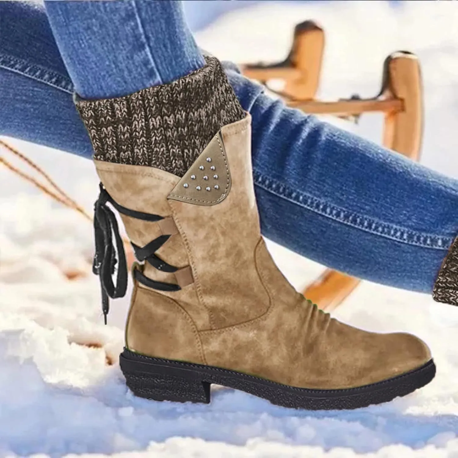Mid Calf Boots Winter Boots for Women Snow Boots for Women Retro Style Lace-Up Chunky Heel Mid-Calf Boots Snow Boots