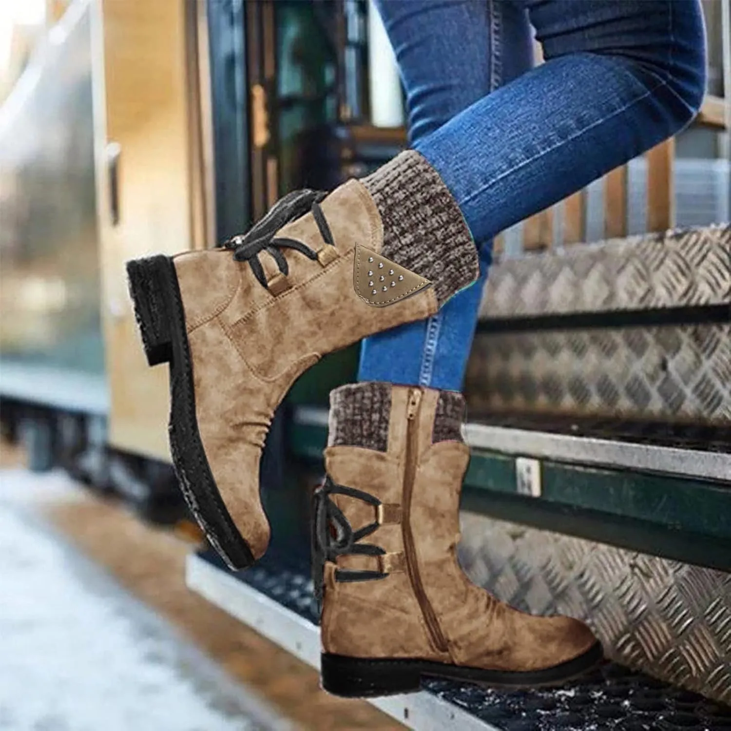 Mid Calf Boots Winter Boots for Women Snow Boots for Women Retro Style Lace-Up Chunky Heel Mid-Calf Boots Snow Boots