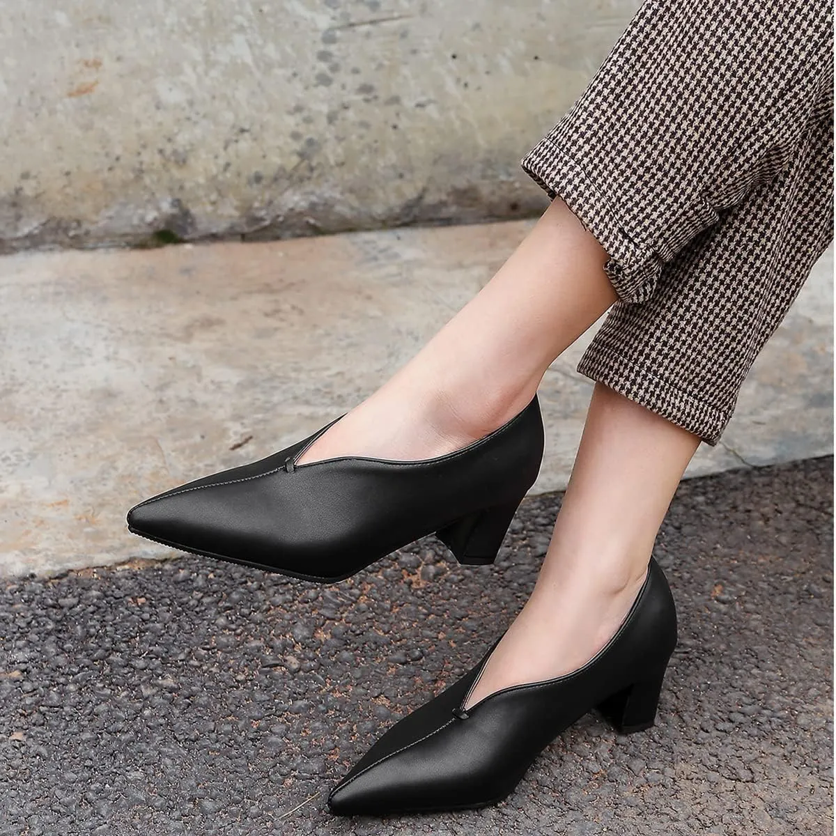 MOOMMO Women Comfortable Chunky Block Heel Pumps Shoes Pointed Toe Slip on Suede Penny Loafers Mid Heel Closed Pointy Toe Work Shoes Office Patchwork Ladies Dressy Fall Fashion Elegant 4-13 M US