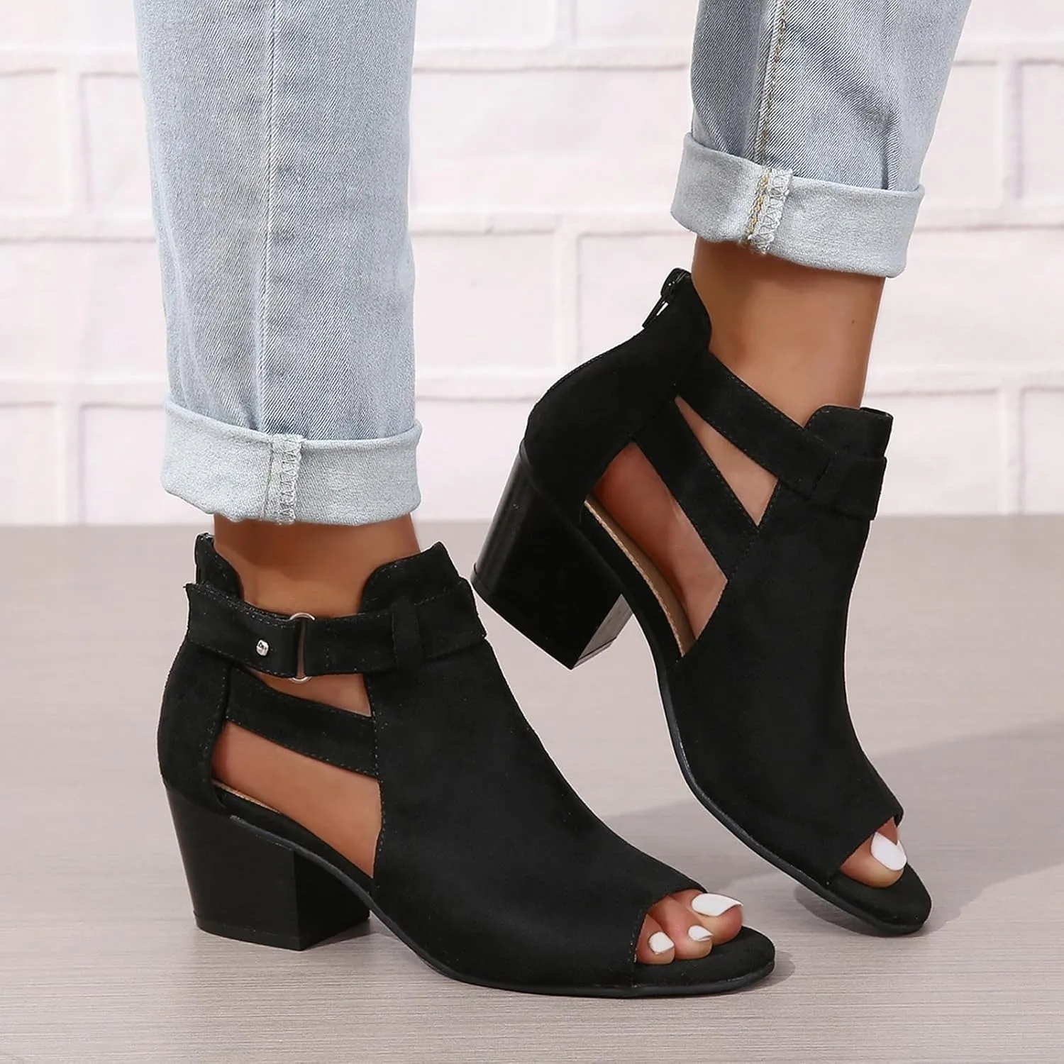Open Toe Booties for Women 2025 Peep Toe Chunky Heels Cutout Back Zipper Sandals Summer Faux Suede Side Ankle Strap Dress Sandals