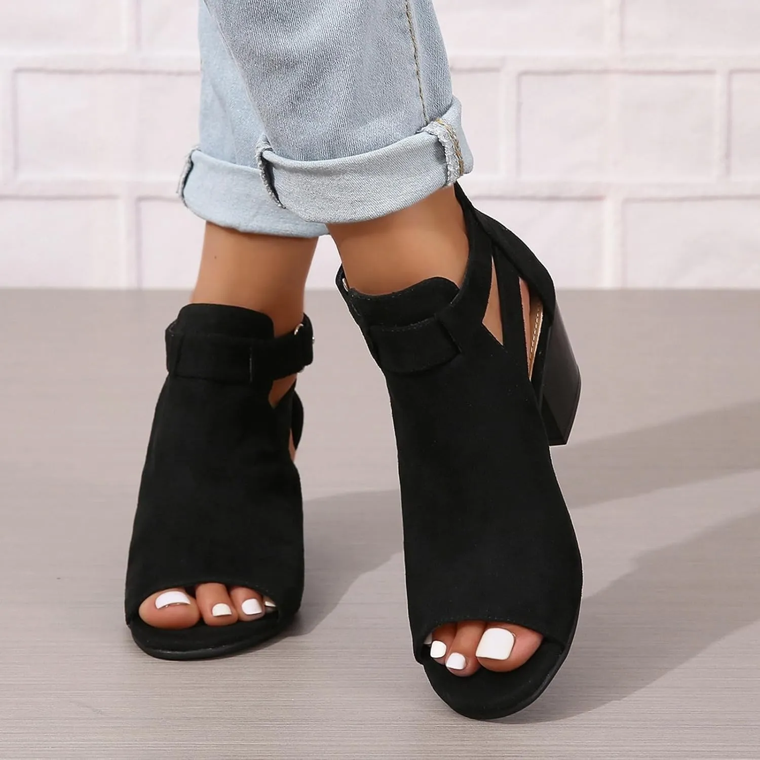 Open Toe Booties for Women 2025 Peep Toe Chunky Heels Cutout Back Zipper Sandals Summer Faux Suede Side Ankle Strap Dress Sandals