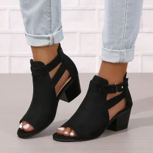 Open Toe Booties for Women 2025 Peep Toe Chunky Heels Cutout Back Zipper Sandals Summer Faux Suede Side Ankle Strap Dress Sandals