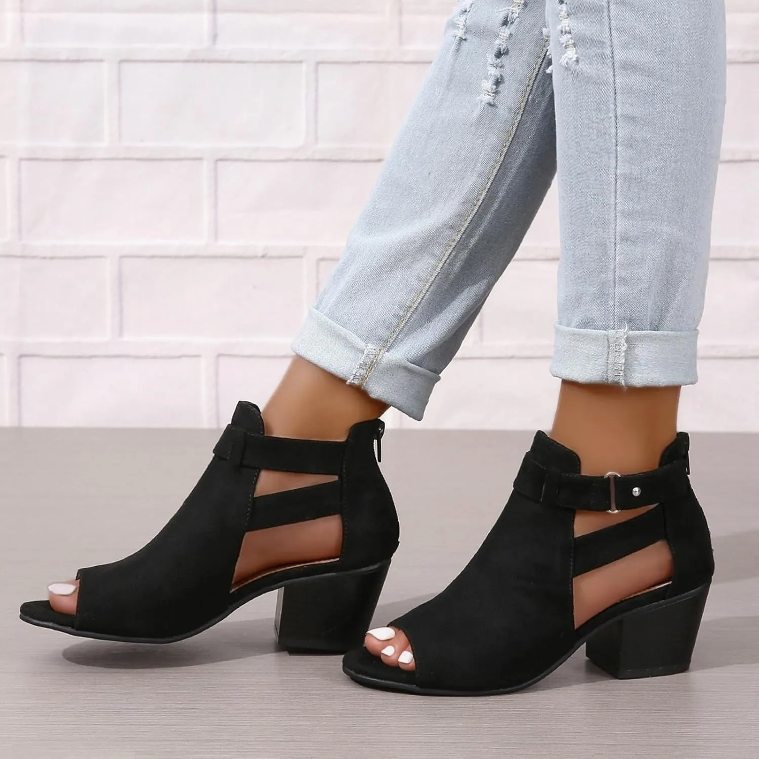 Open Toe Booties for Women 2025 Peep Toe Chunky Heels Cutout Back Zipper Sandals Summer Faux Suede Side Ankle Strap Dress Sandals