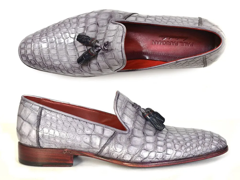 Paul Parkman Men's Crocodile Embossed Calfskin Leather Belt Hand-Painted Gray