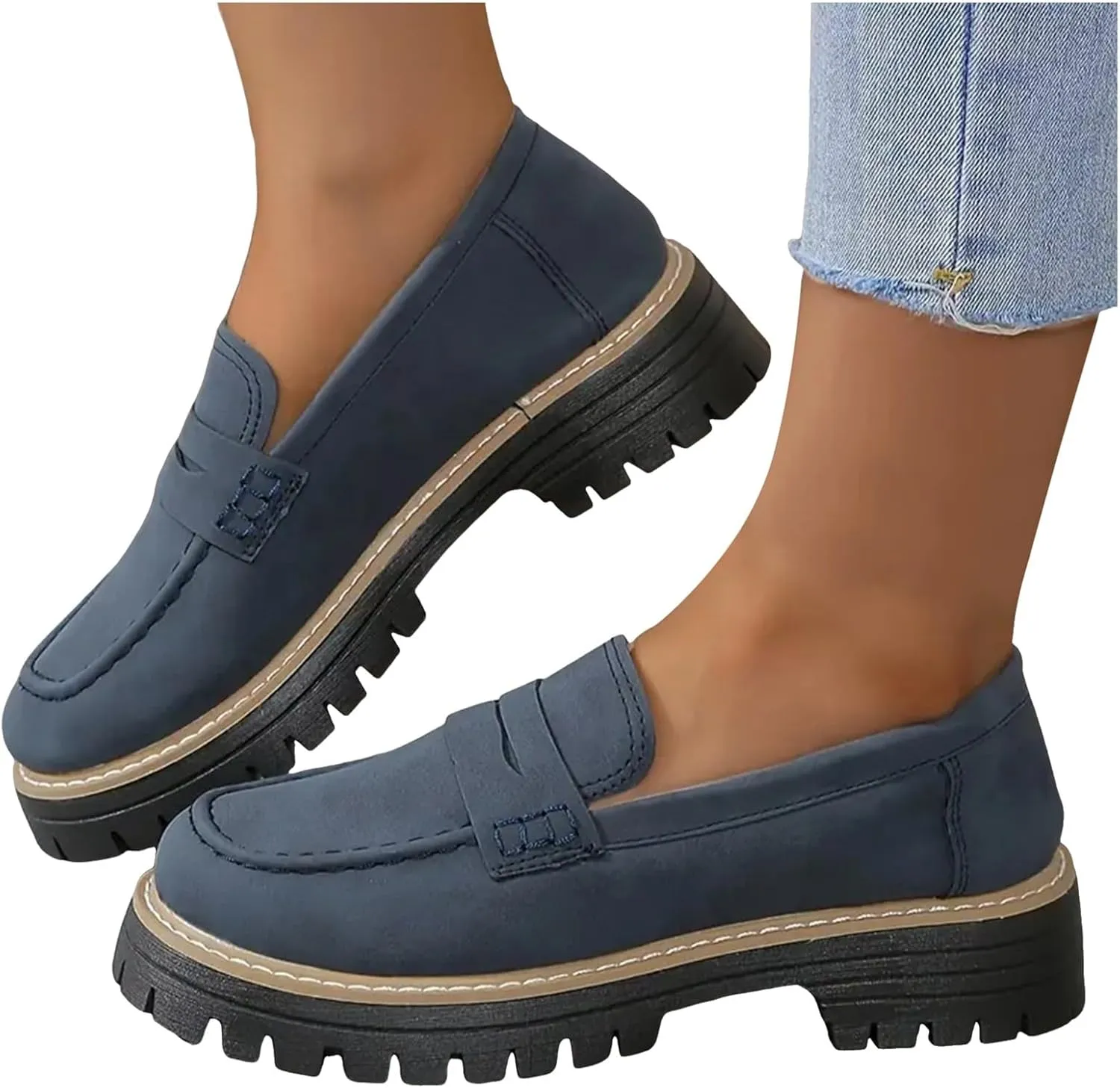 Penny Loafers for Women 2025 Round Toe Dressy Shoes Slip-On Lug Sole Platform Shoes Business Casual Shoes