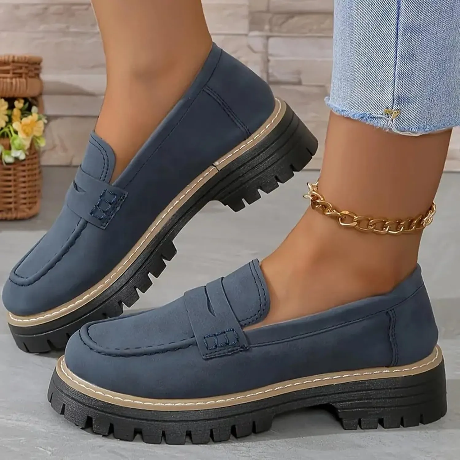 Penny Loafers for Women 2025 Round Toe Dressy Shoes Slip-On Lug Sole Platform Shoes Business Casual Shoes