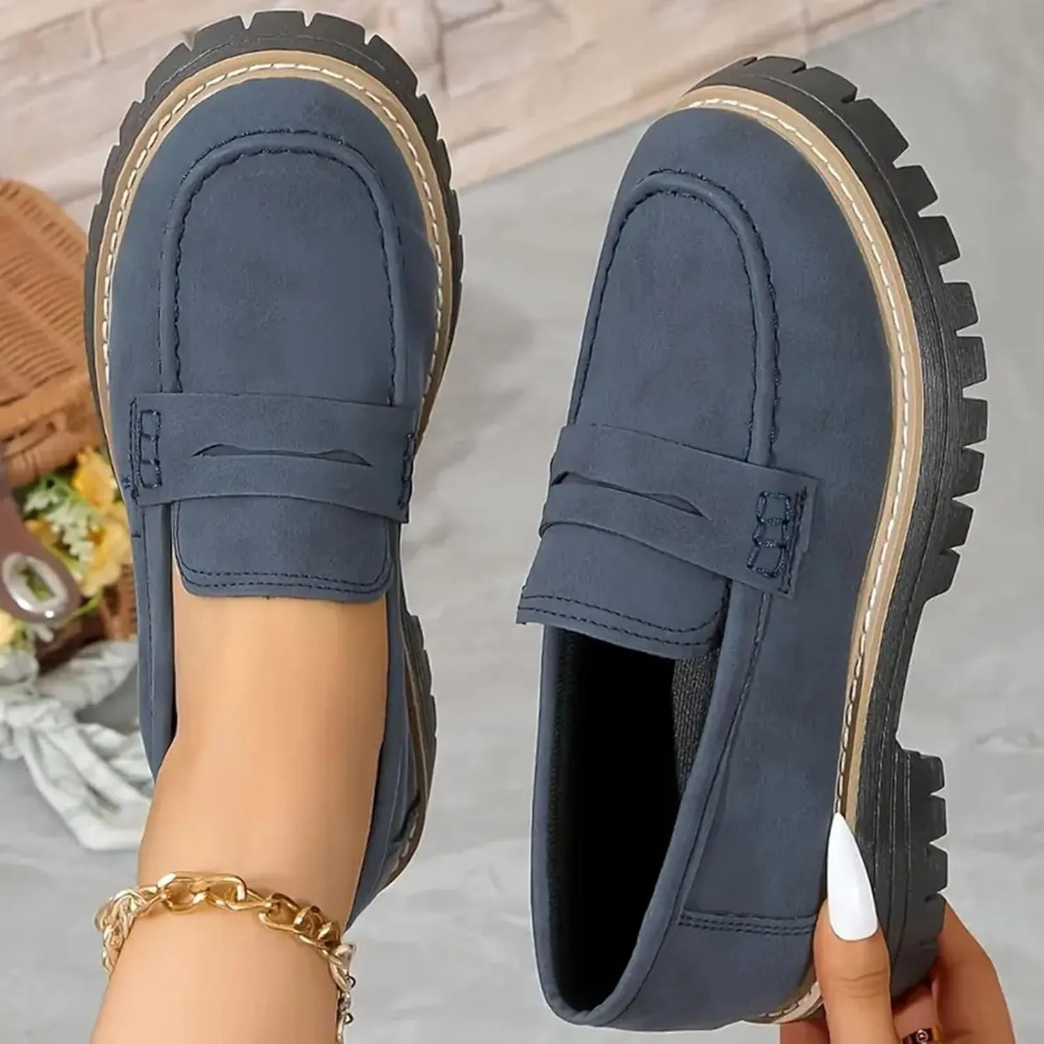 Penny Loafers for Women 2025 Round Toe Dressy Shoes Slip-On Lug Sole Platform Shoes Business Casual Shoes