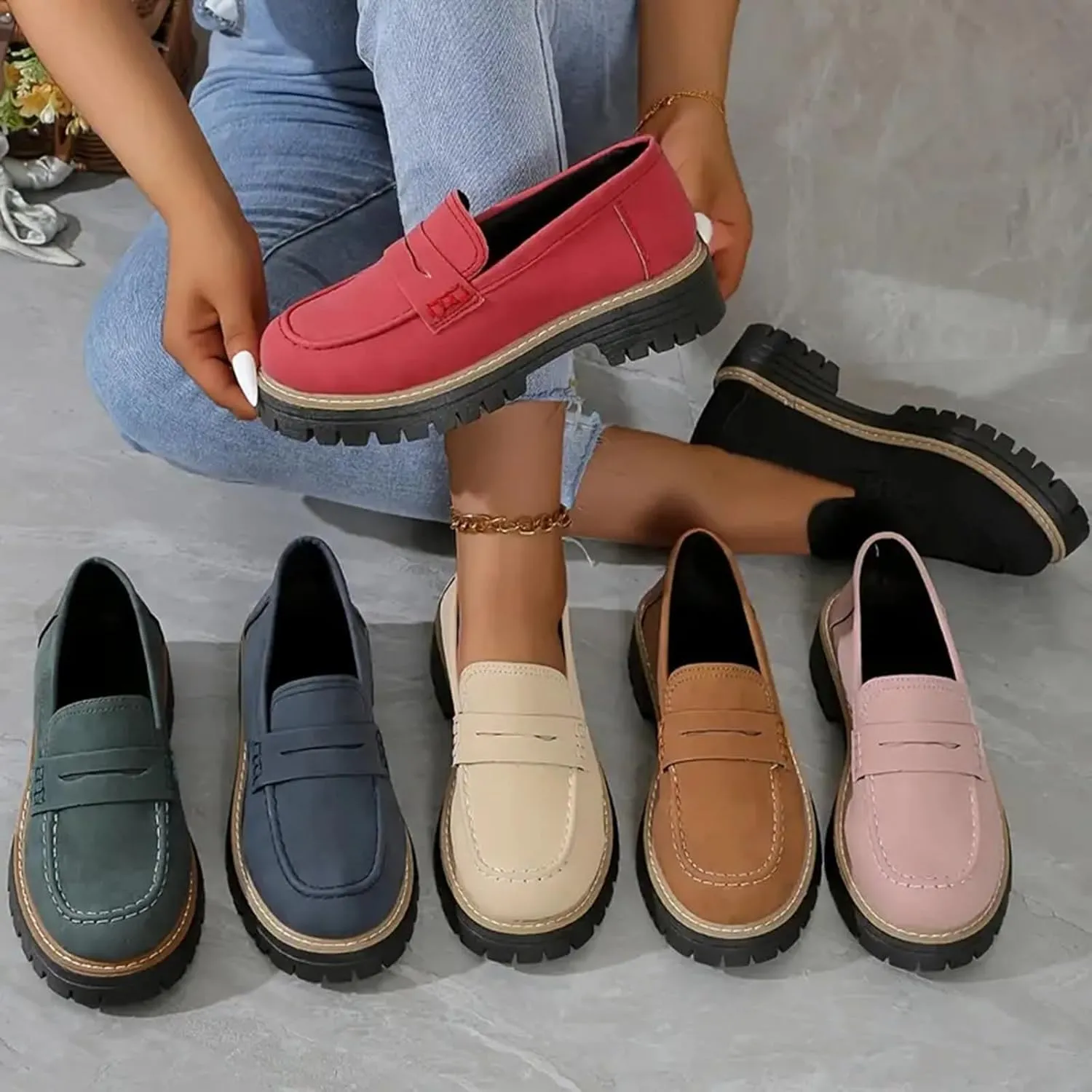 Penny Loafers for Women 2025 Round Toe Dressy Shoes Slip-On Lug Sole Platform Shoes Business Casual Shoes