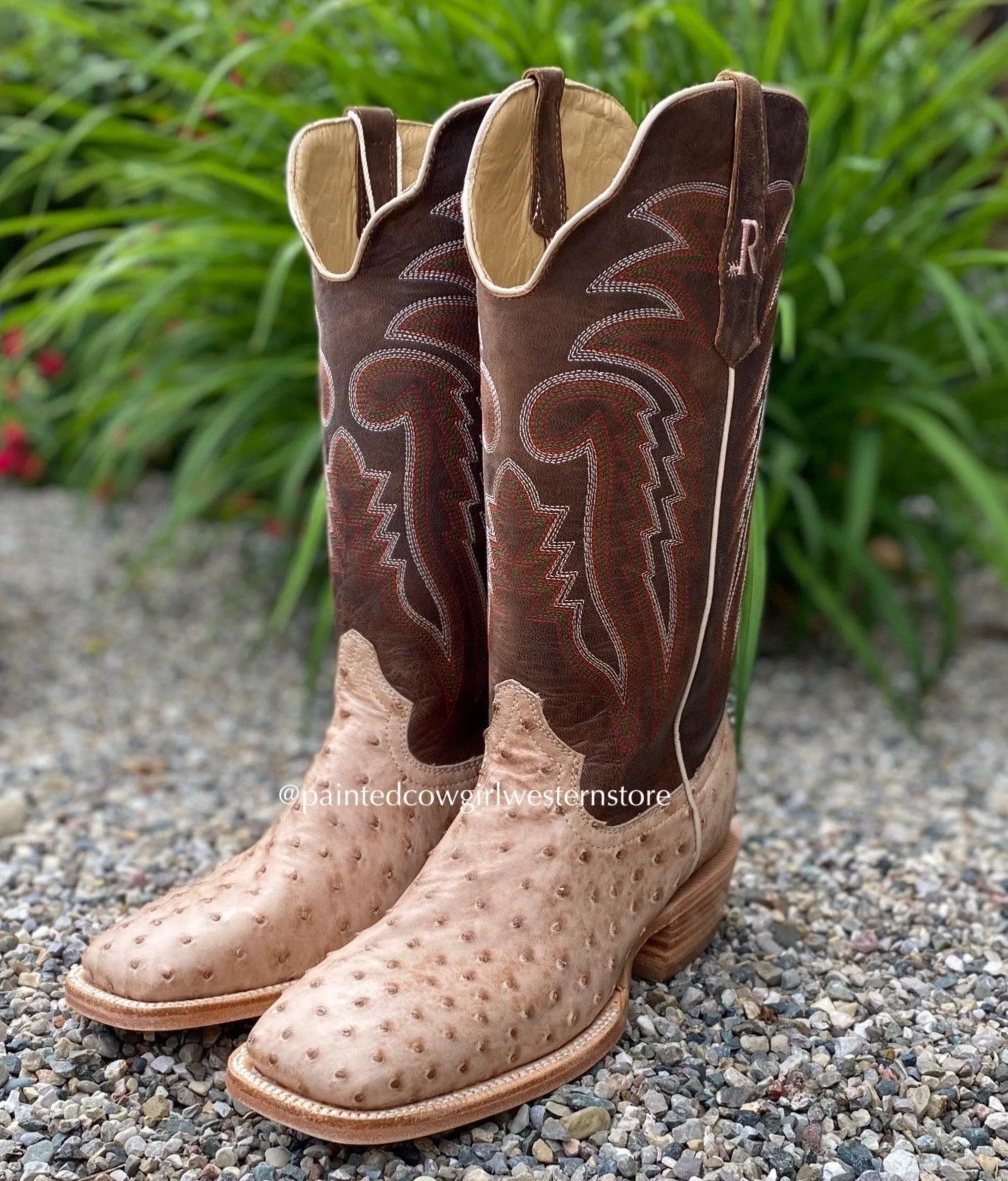 R. Watson Men's Sand Bruciato Full Quill Ostrich Wide Square Toe Western Cowboy Boots RW4515-2