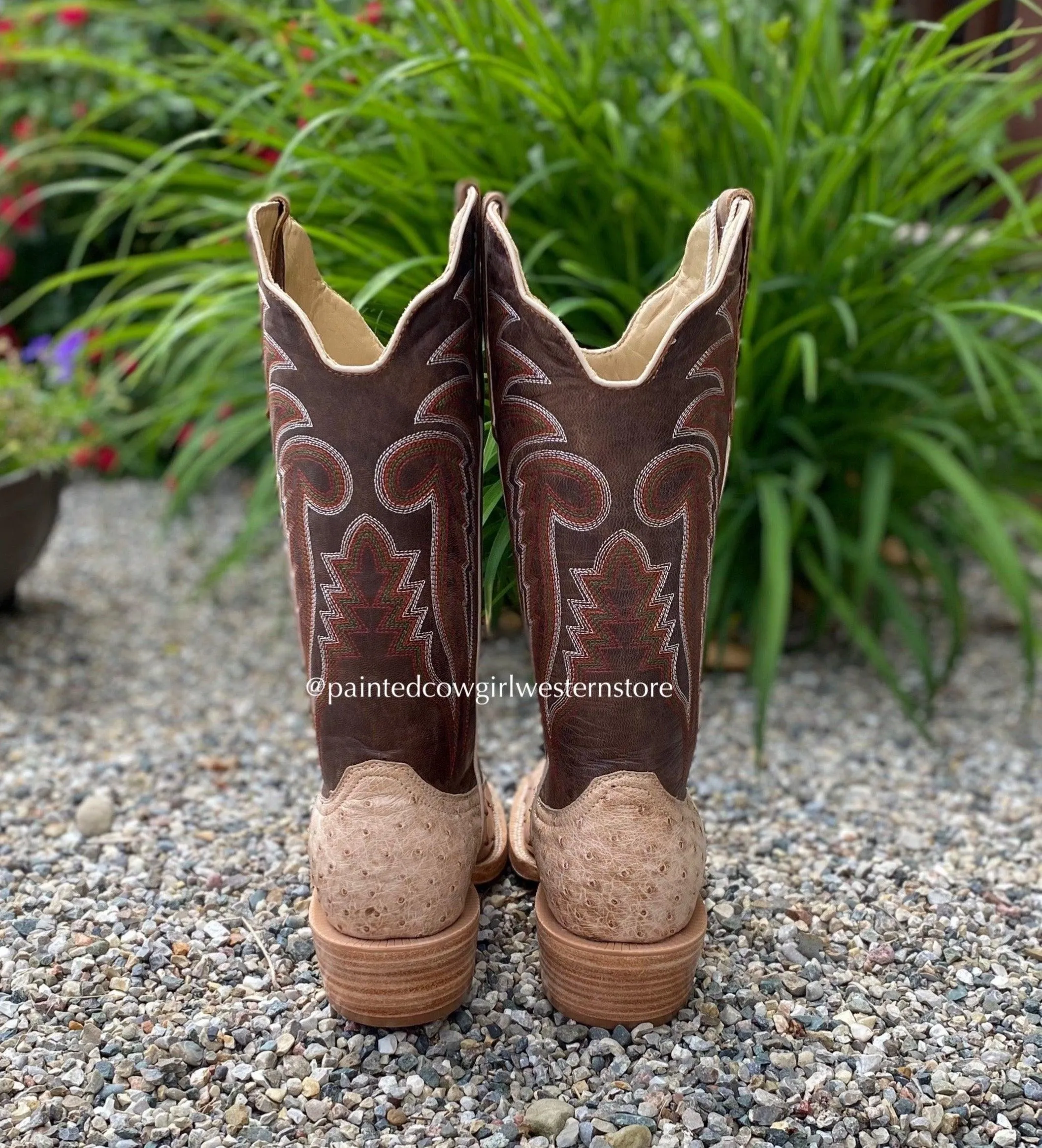 R. Watson Men's Sand Bruciato Full Quill Ostrich Wide Square Toe Western Cowboy Boots RW4515-2