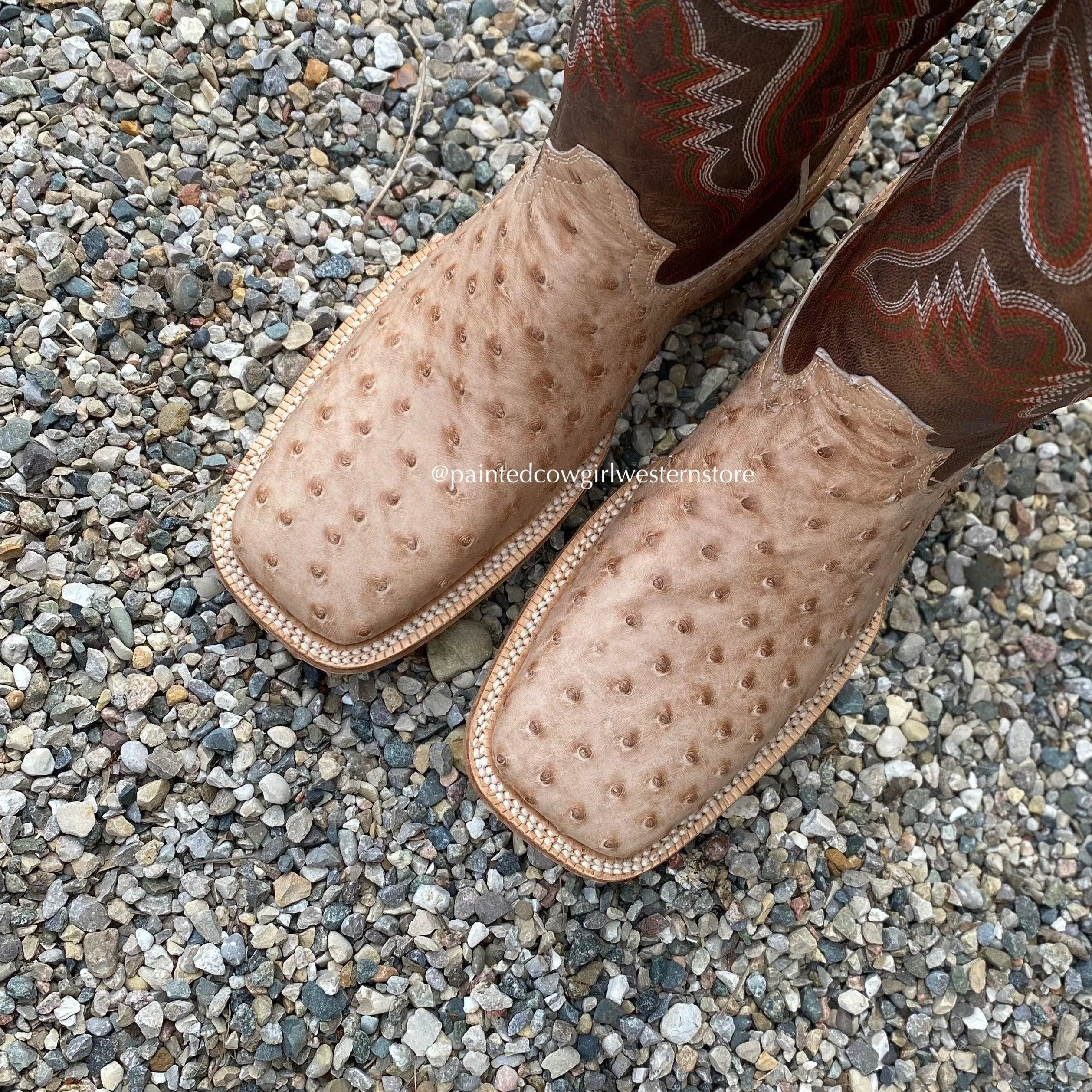 R. Watson Men's Sand Bruciato Full Quill Ostrich Wide Square Toe Western Cowboy Boots RW4515-2