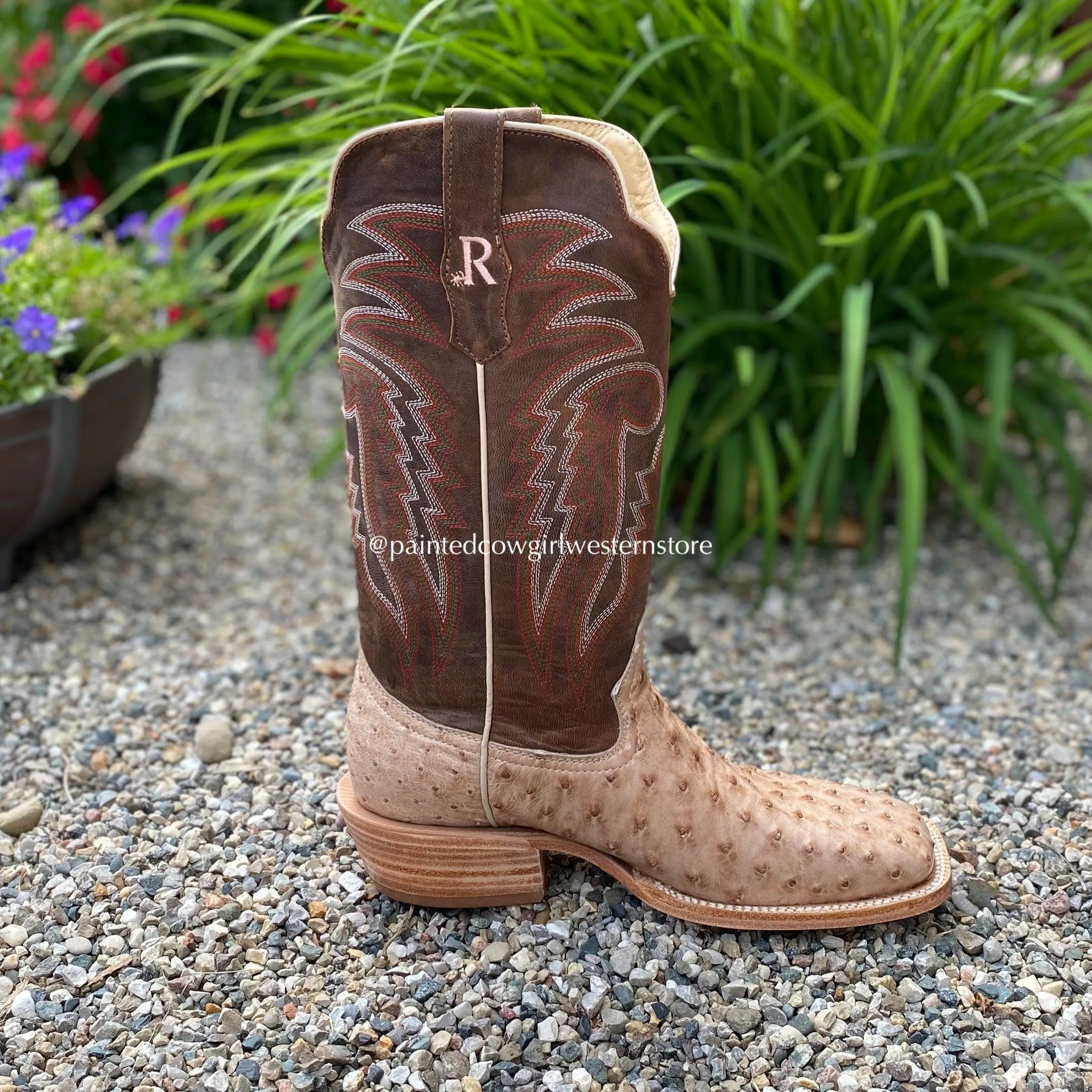 R. Watson Men's Sand Bruciato Full Quill Ostrich Wide Square Toe Western Cowboy Boots RW4515-2