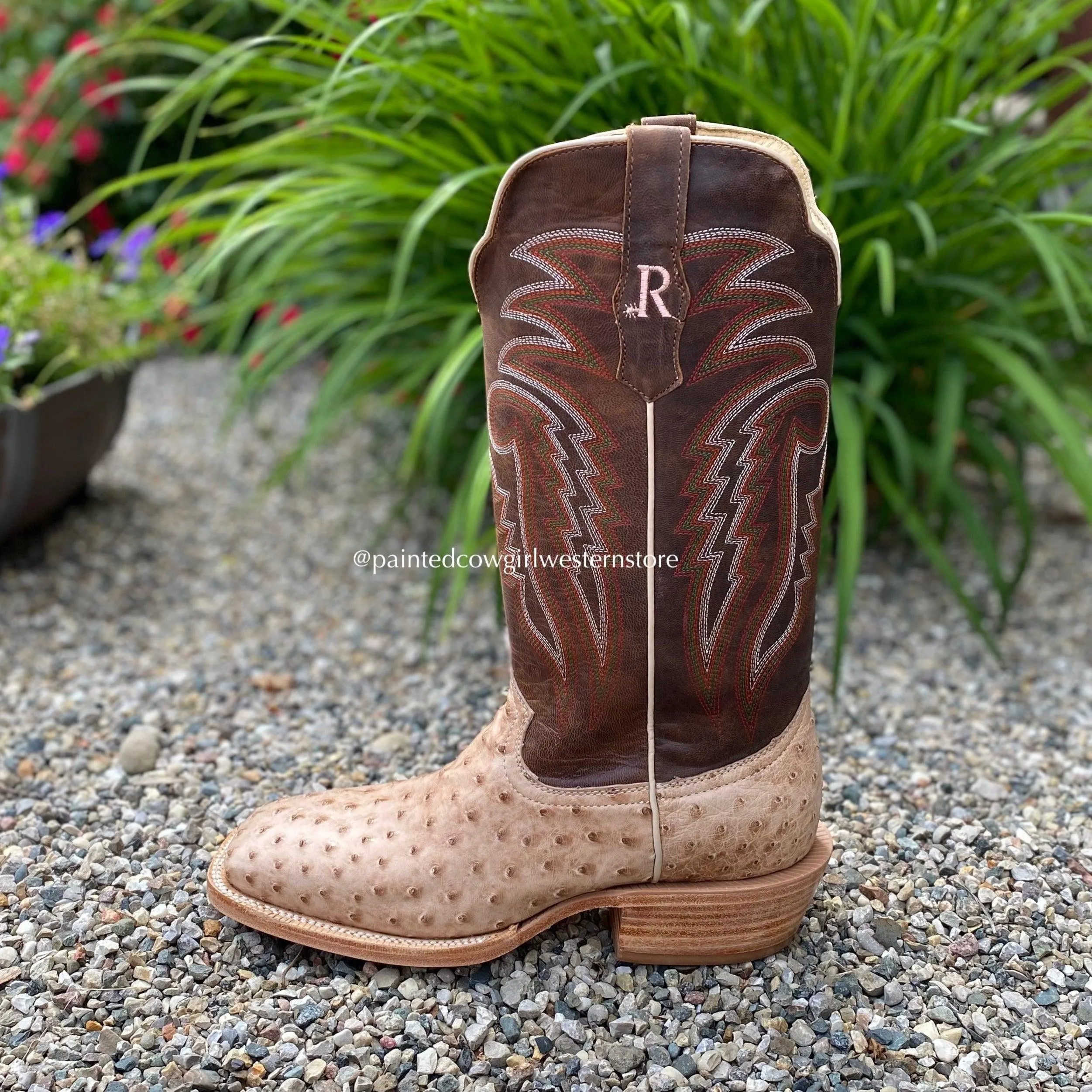 R. Watson Men's Sand Bruciato Full Quill Ostrich Wide Square Toe Western Cowboy Boots RW4515-2