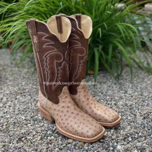 R. Watson Men's Sand Bruciato Full Quill Ostrich Wide Square Toe Western Cowboy Boots RW4515-2