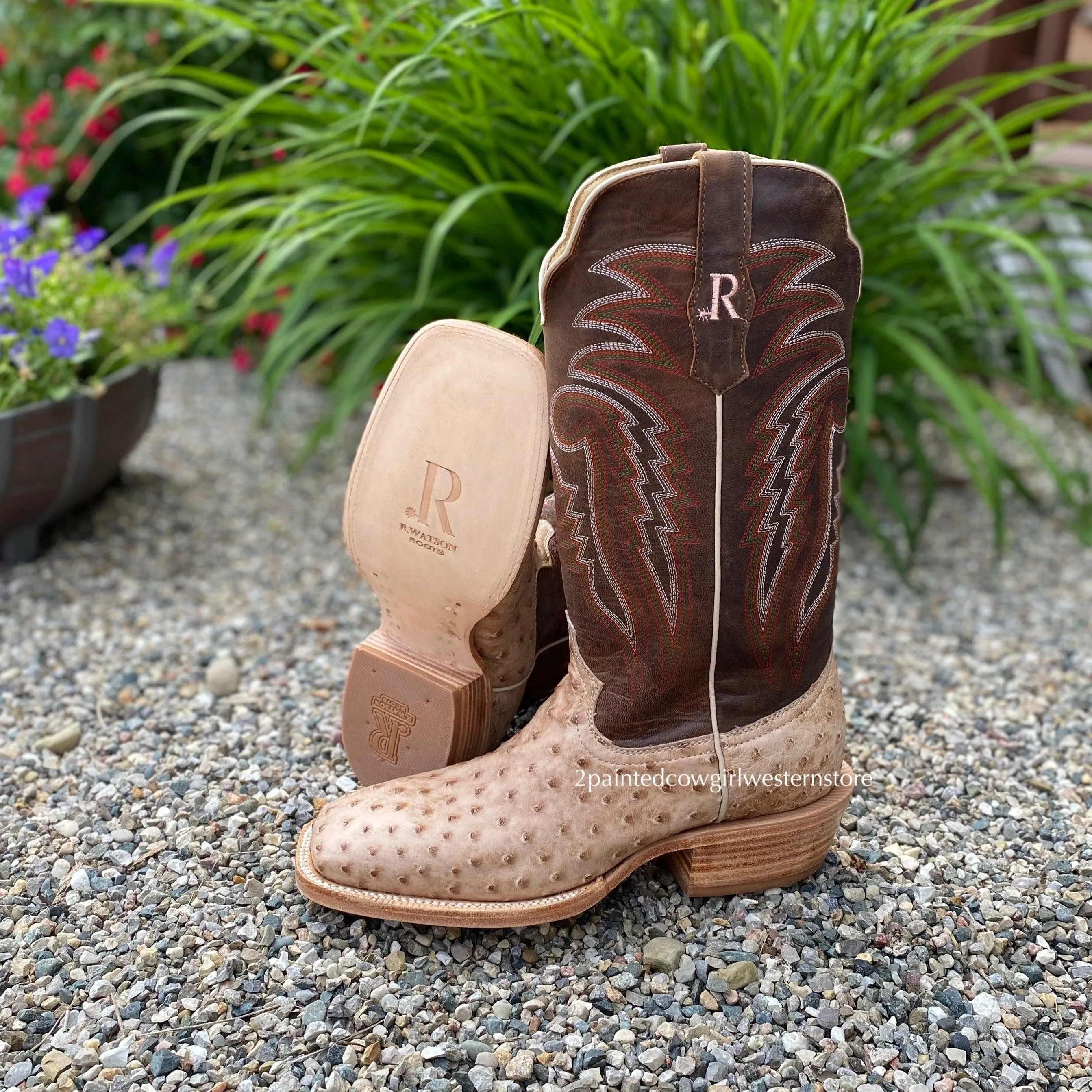 R. Watson Men's Sand Bruciato Full Quill Ostrich Wide Square Toe Western Cowboy Boots RW4515-2