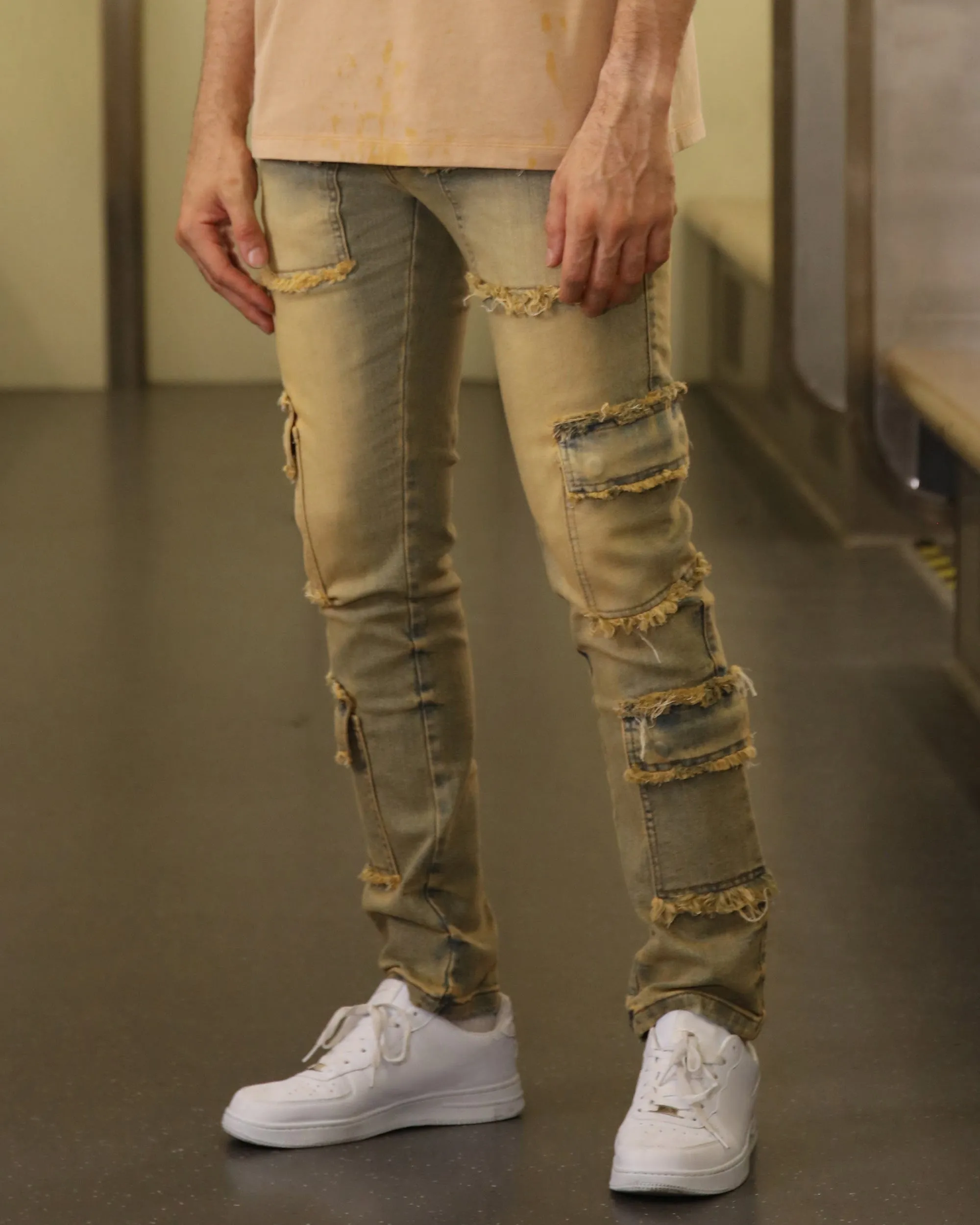 Raw Edge Straight Brown Jeans with Side Pockets-Mexico Local Delivery
