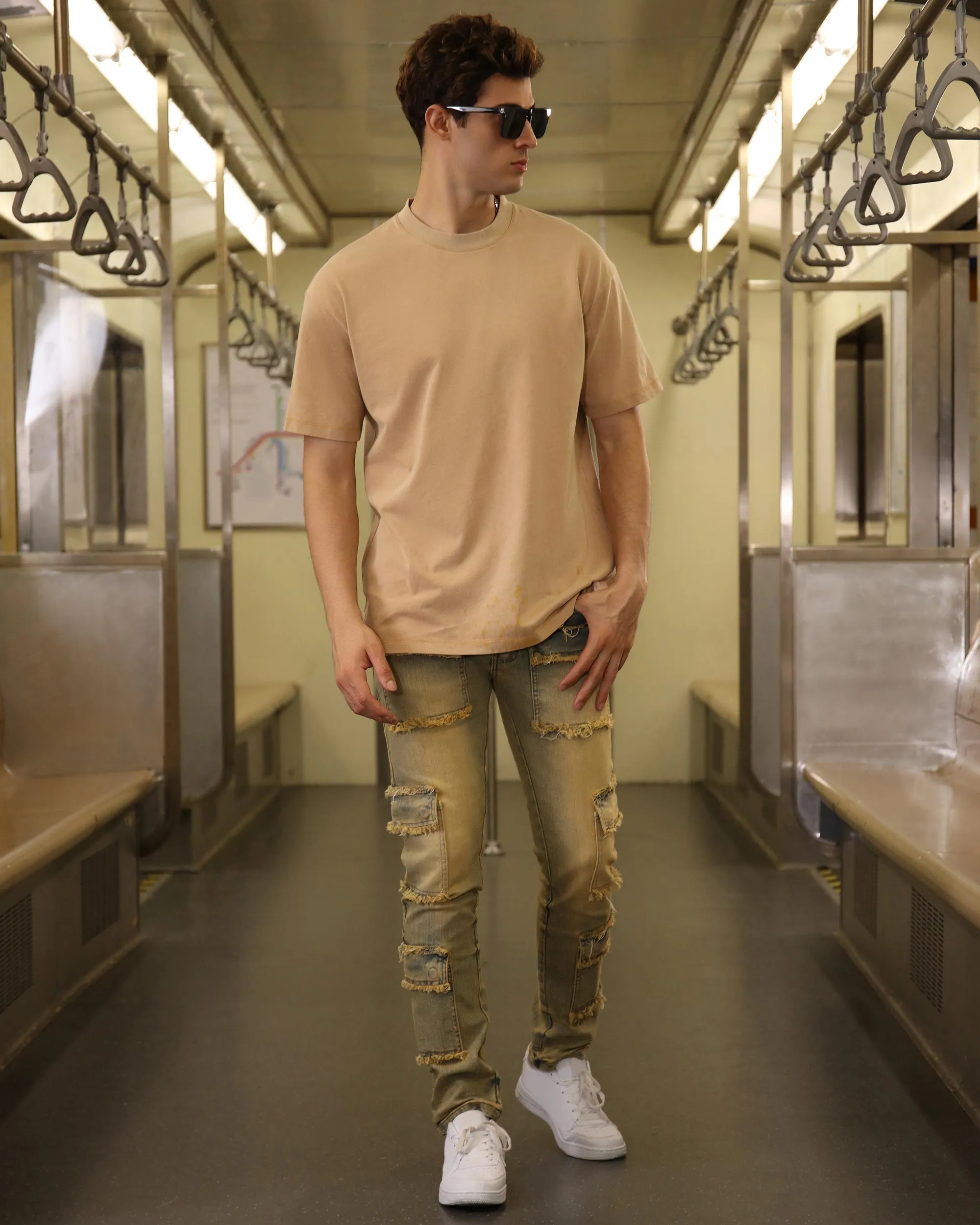 Raw Edge Straight Brown Jeans with Side Pockets-Mexico Local Delivery