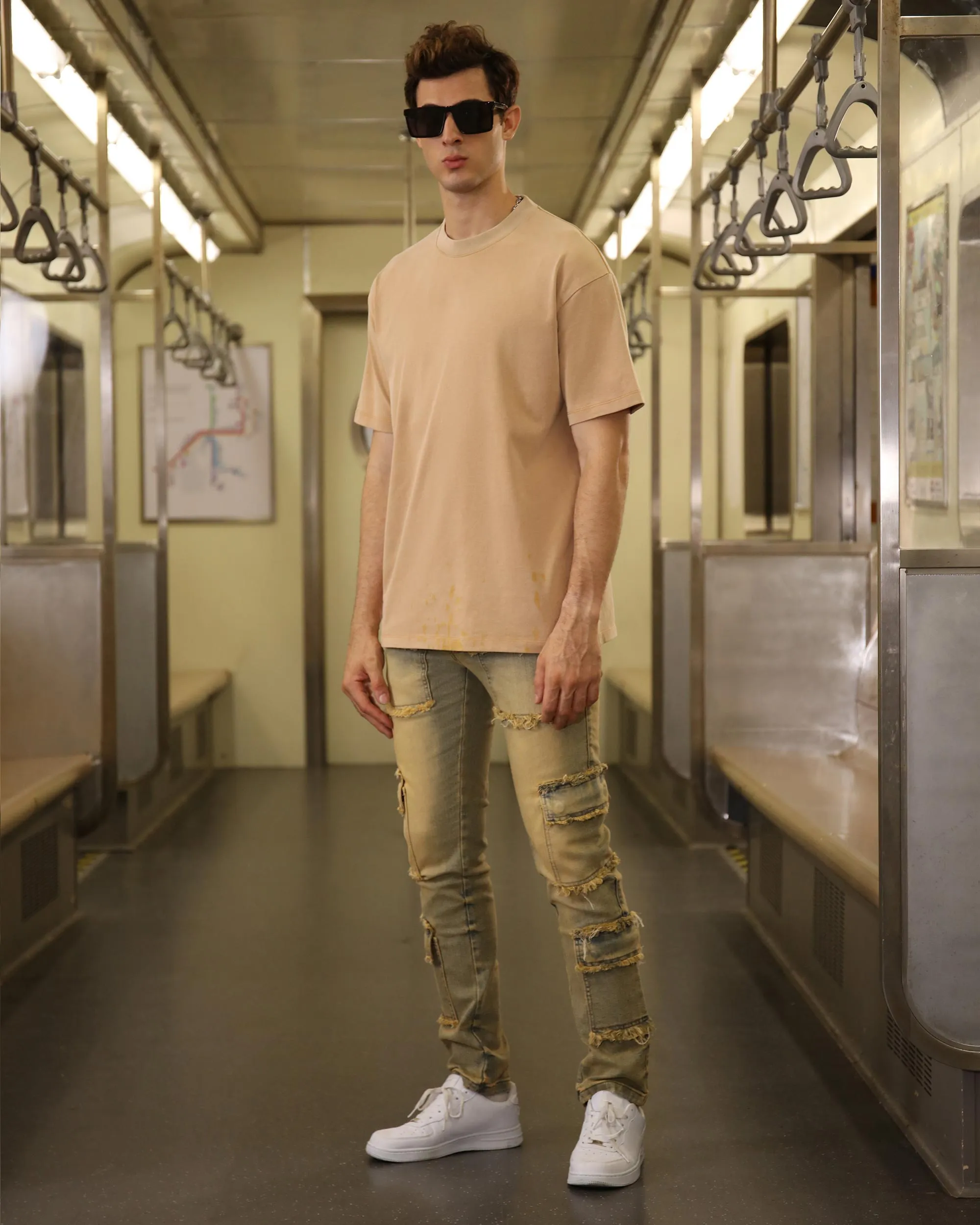 Raw Edge Straight Brown Jeans with Side Pockets-Mexico Local Delivery