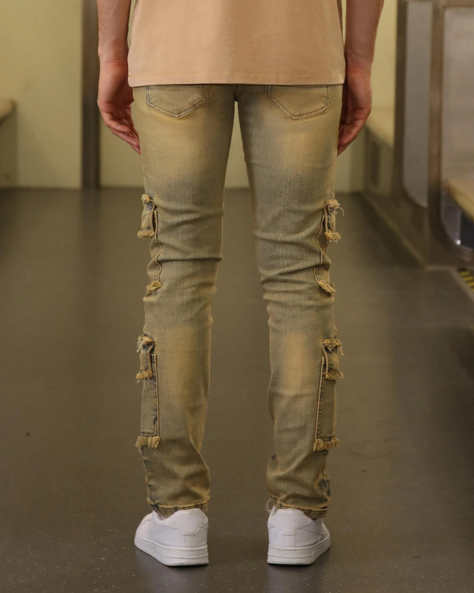 Raw Edge Straight Brown Jeans with Side Pockets-Mexico Local Delivery