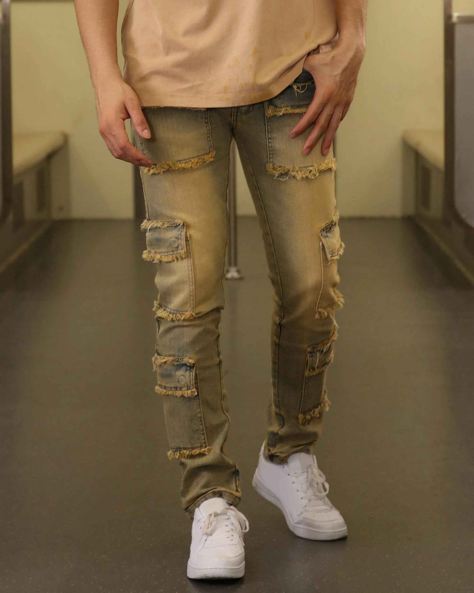 Raw Edge Straight Brown Jeans with Side Pockets-Mexico Local Delivery