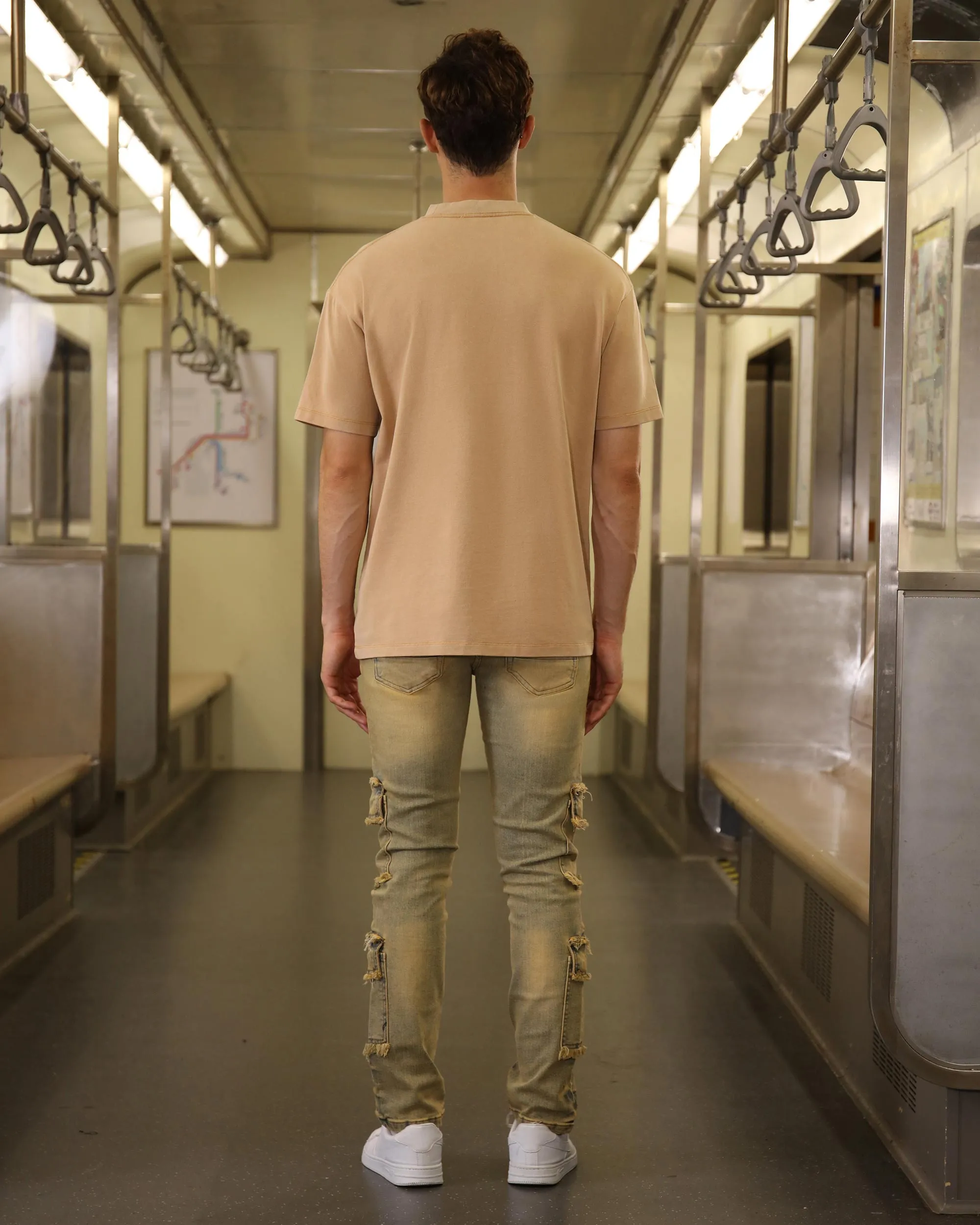 Raw Edge Straight Brown Jeans with Side Pockets-Mexico Local Delivery