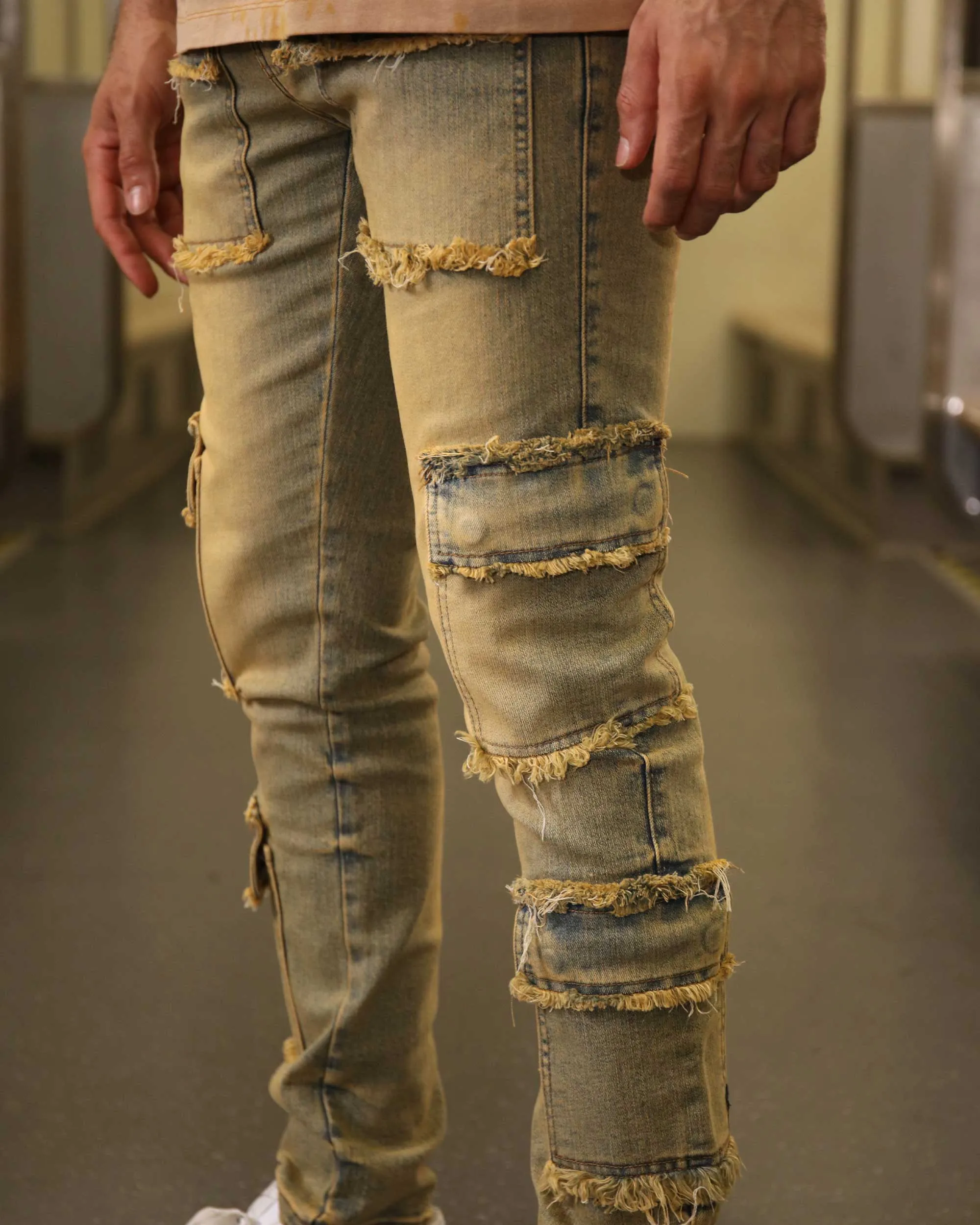 Raw Edge Straight Brown Jeans with Side Pockets-Mexico Local Delivery