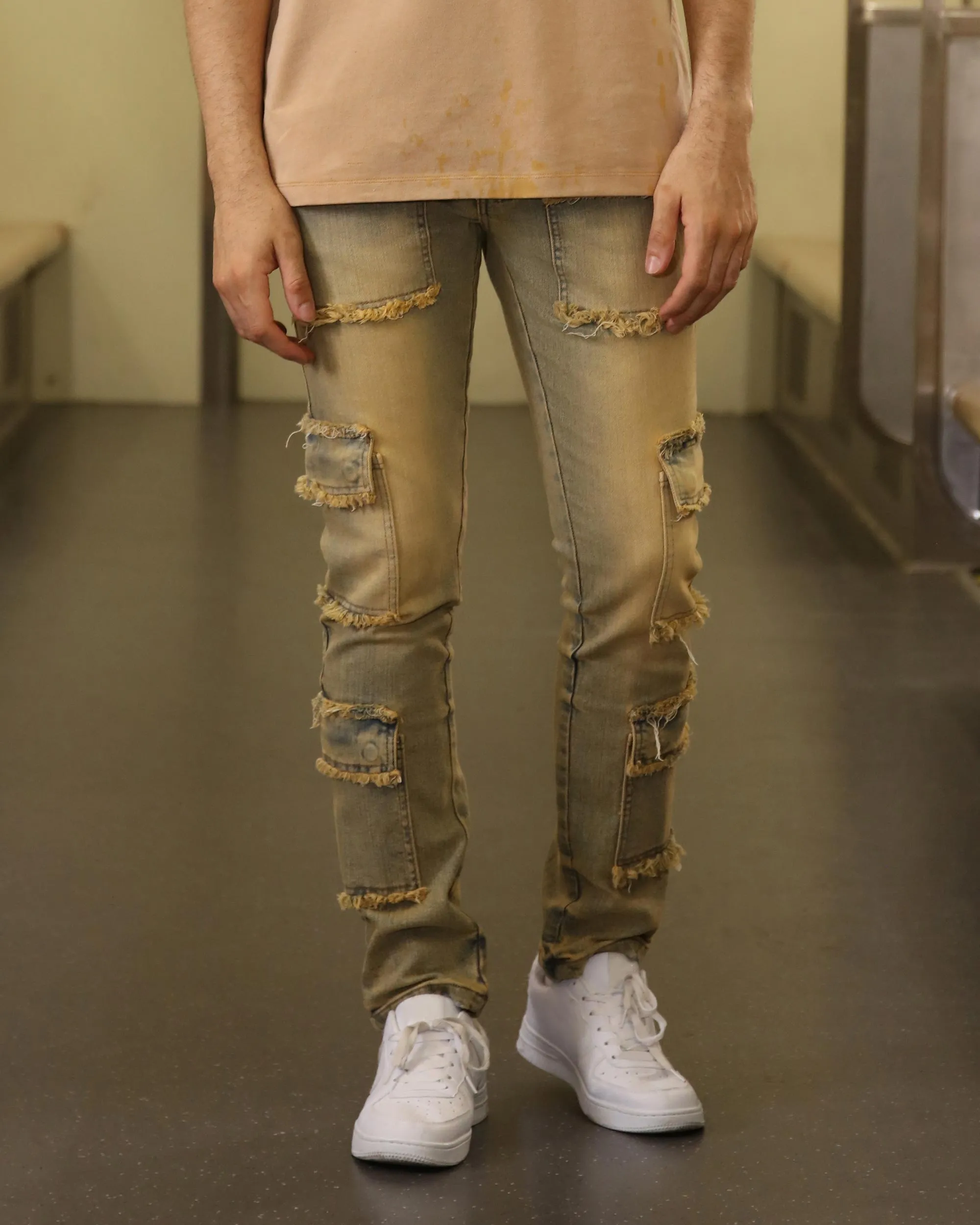 Raw Edge Straight Brown Jeans with Side Pockets-Mexico Local Delivery