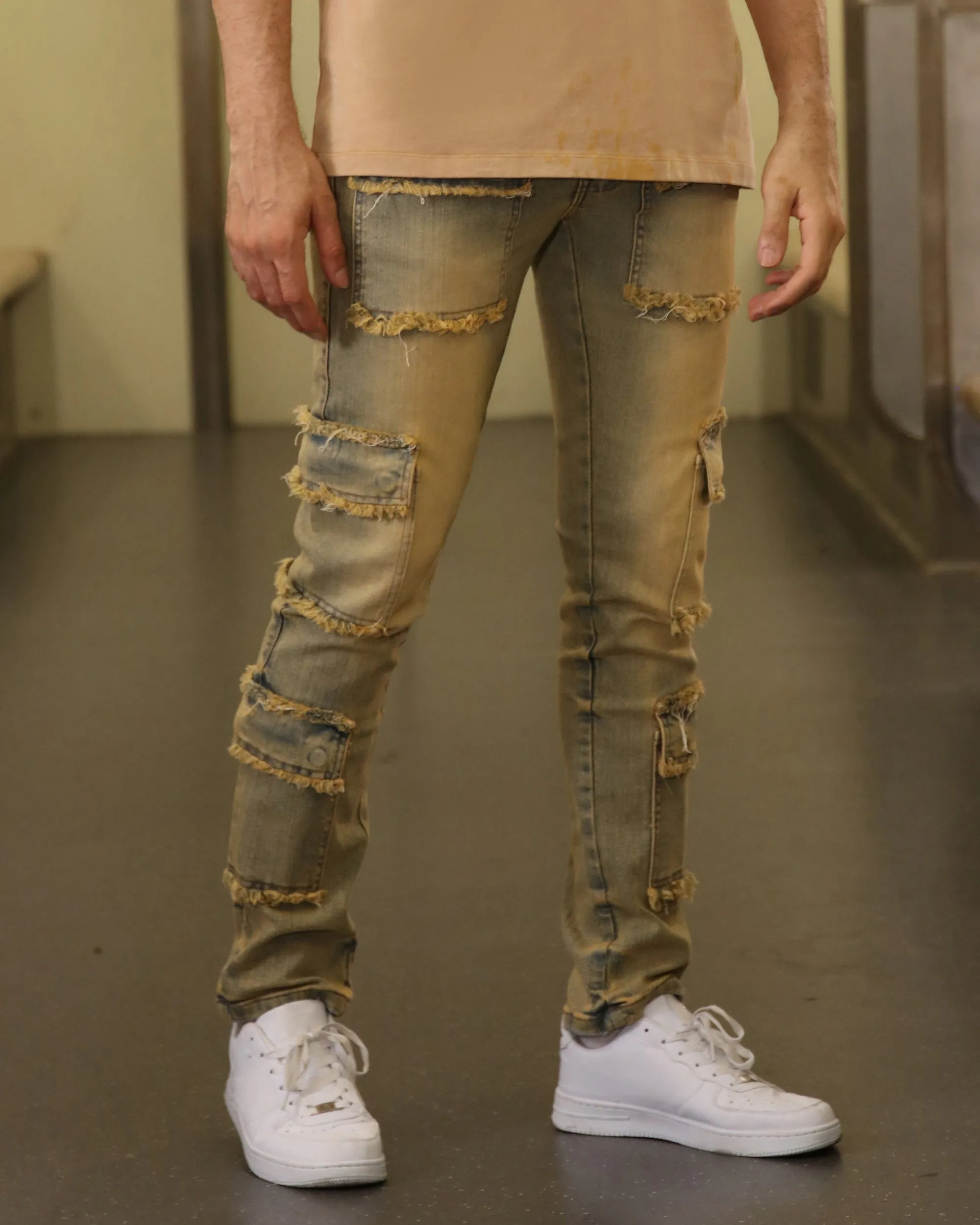 Raw Edge Straight Brown Jeans with Side Pockets-Mexico Local Delivery