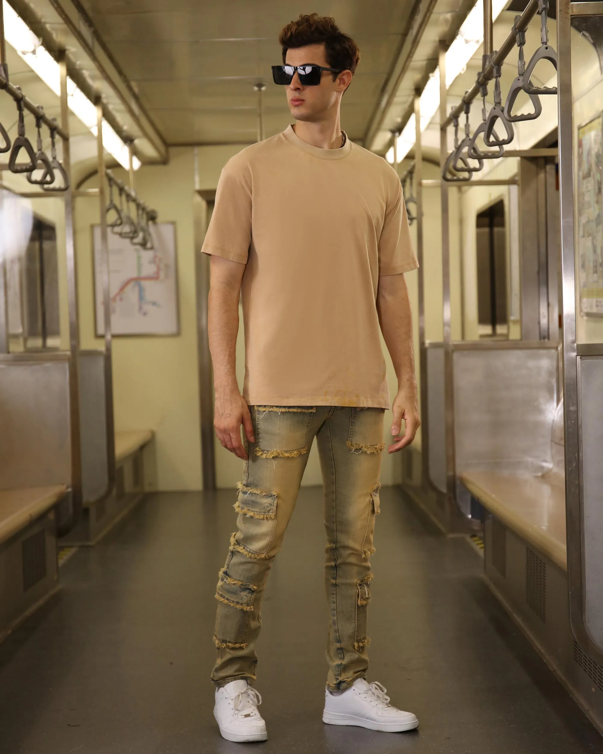Raw Edge Straight Brown Jeans with Side Pockets-Mexico Local Delivery