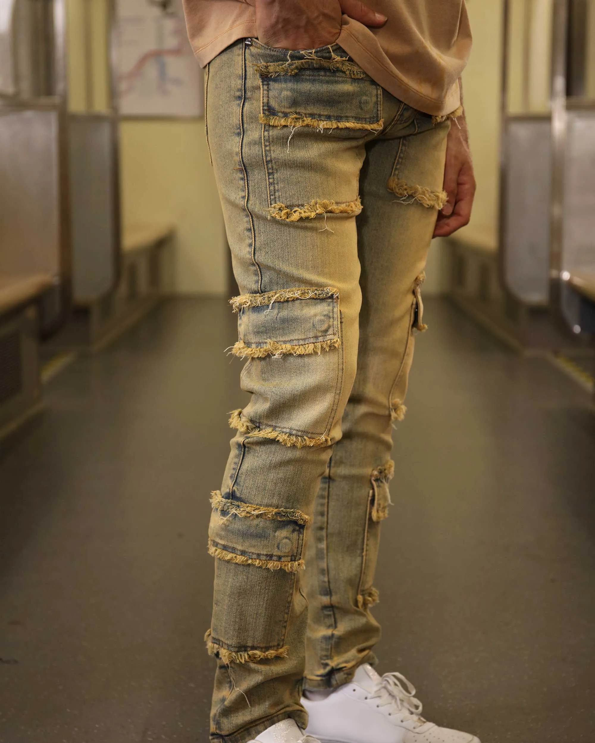 Raw Edge Straight Brown Jeans with Side Pockets-Mexico Local Delivery