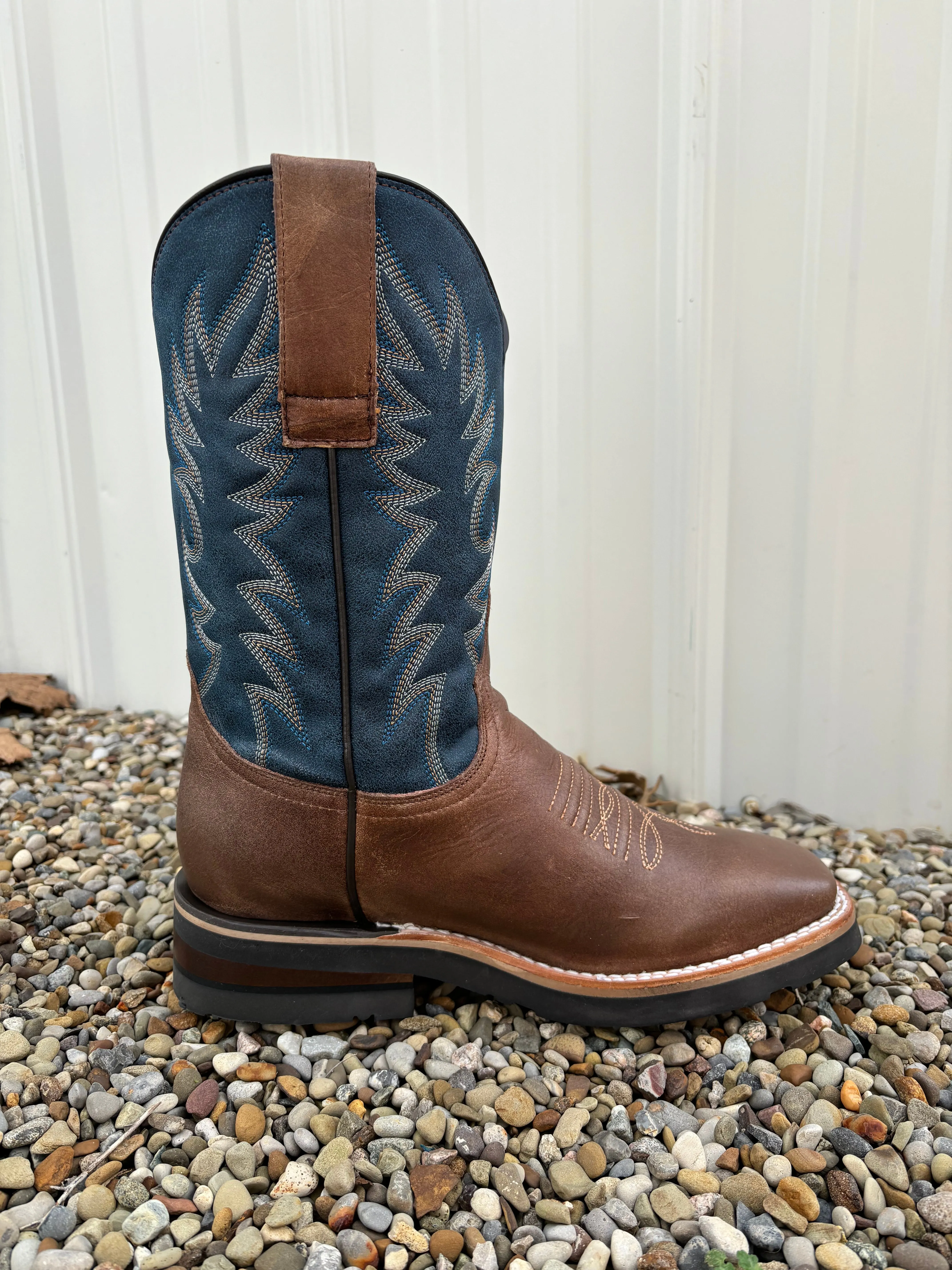 Roper Men's Waxy Brown Leather & Blue Top Square Toe Western Cowboy Boots 9991-0401MN