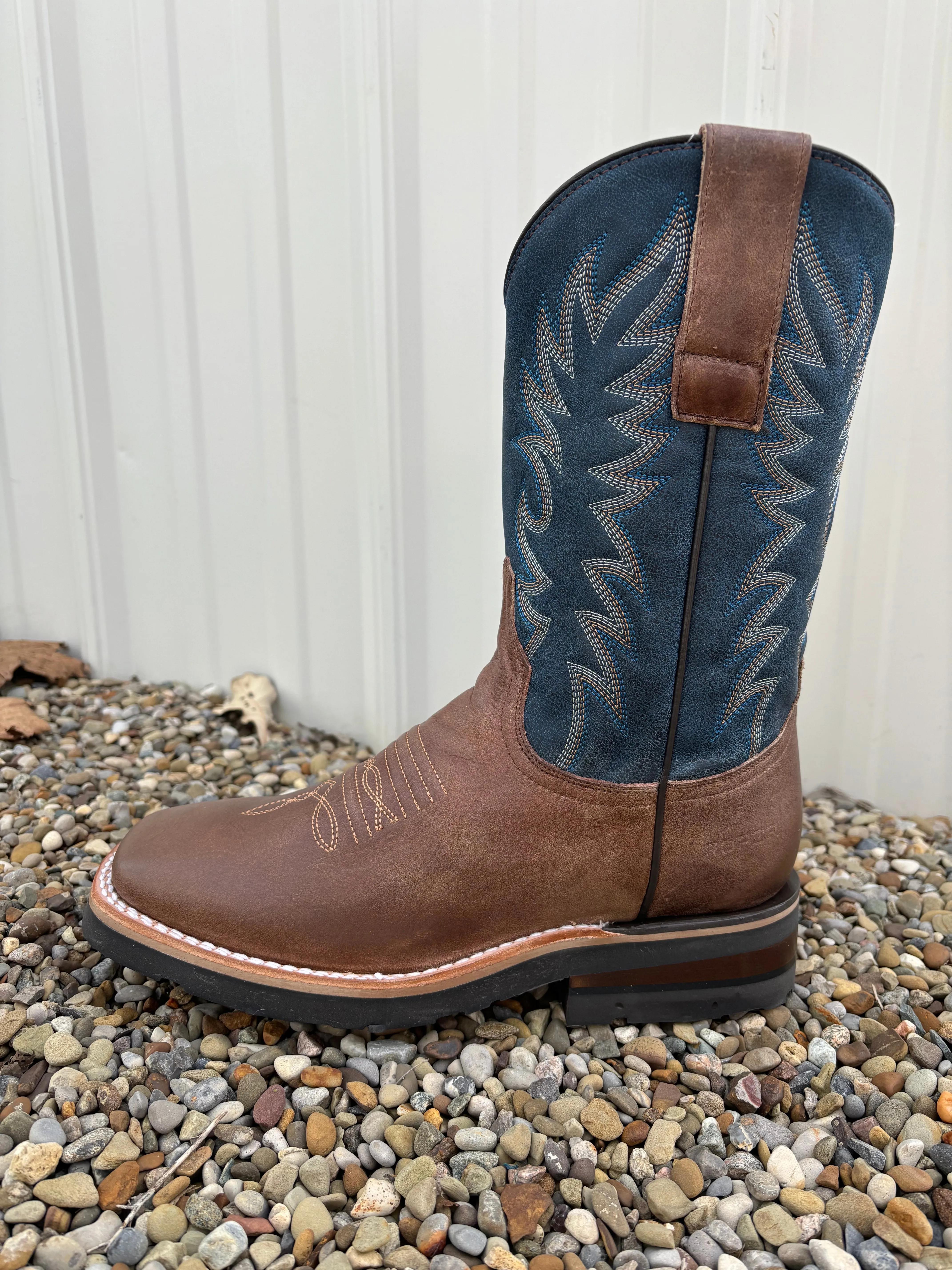 Roper Men's Waxy Brown Leather & Blue Top Square Toe Western Cowboy Boots 9991-0401MN