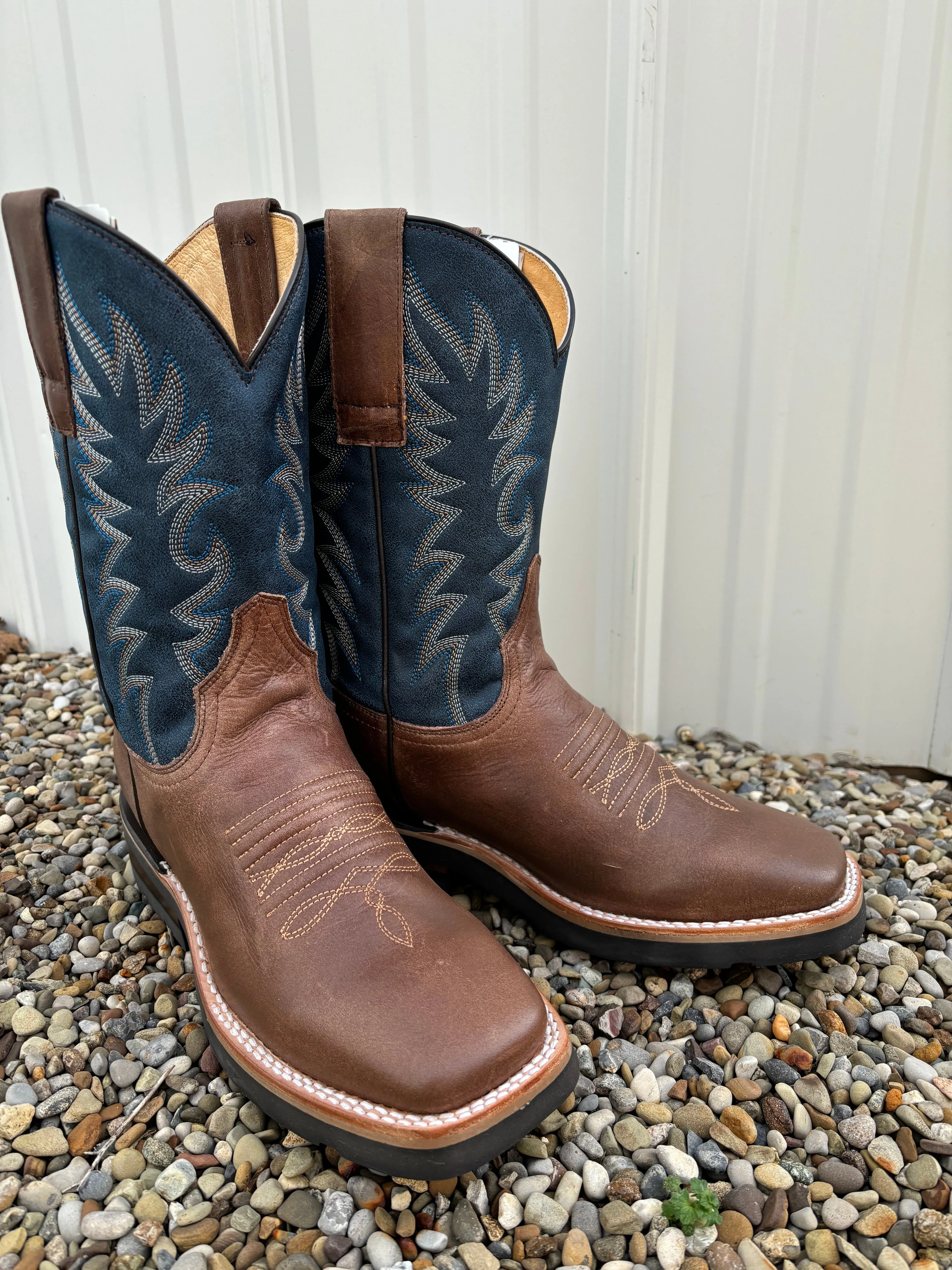 Roper Men's Waxy Brown Leather & Blue Top Square Toe Western Cowboy Boots 9991-0401MN