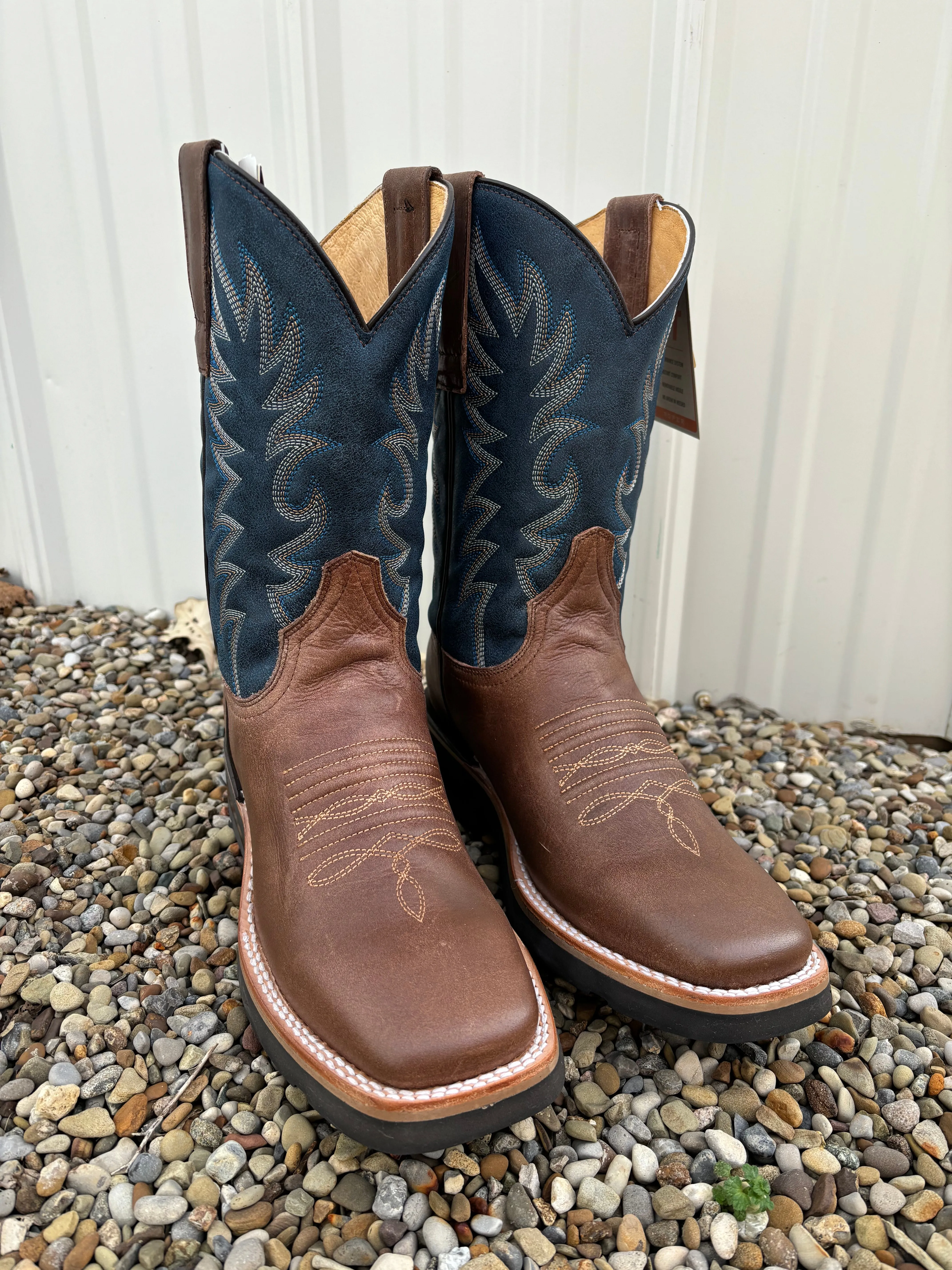 Roper Men's Waxy Brown Leather & Blue Top Square Toe Western Cowboy Boots 9991-0401MN