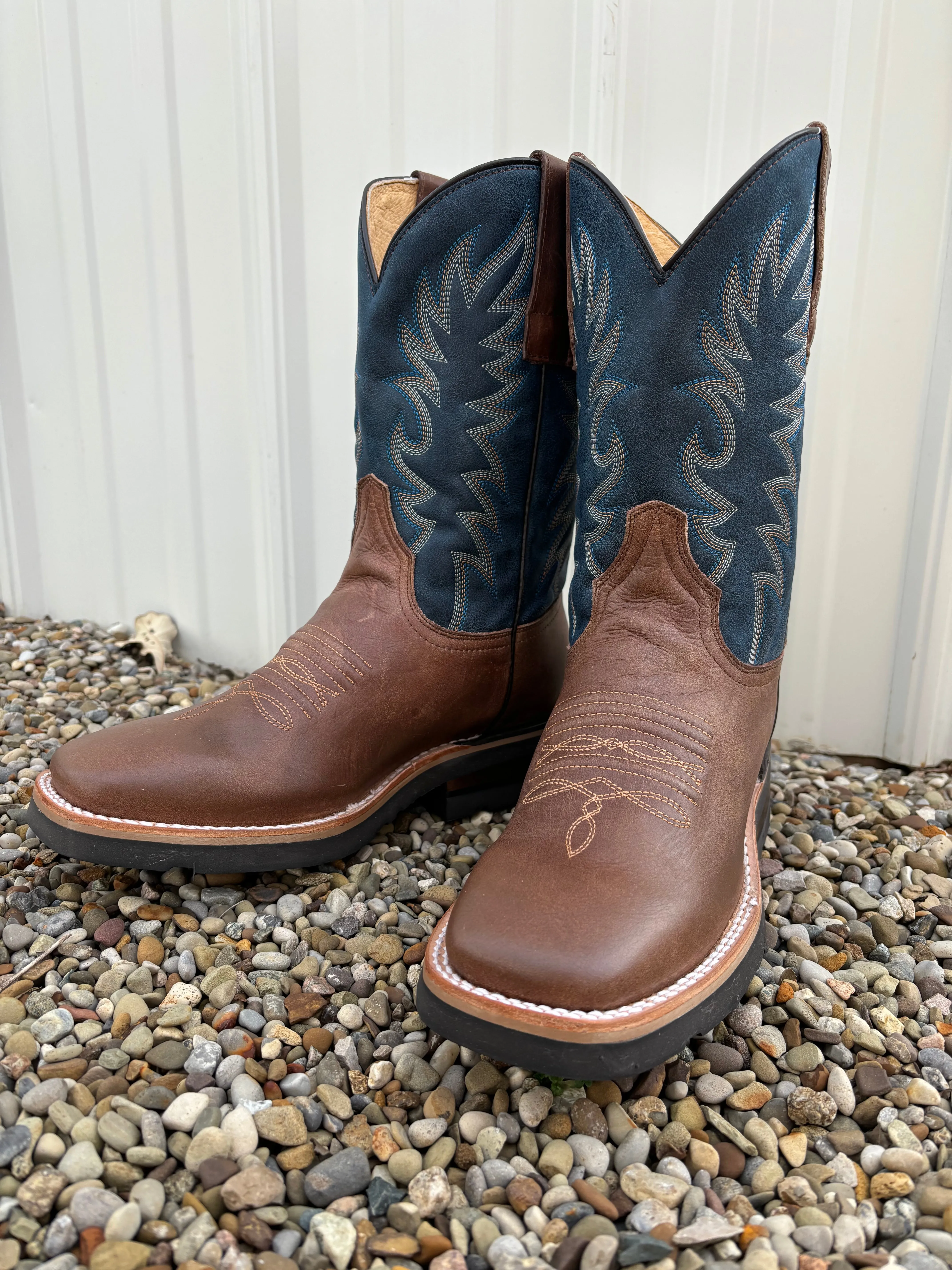 Roper Men's Waxy Brown Leather & Blue Top Square Toe Western Cowboy Boots 9991-0401MN