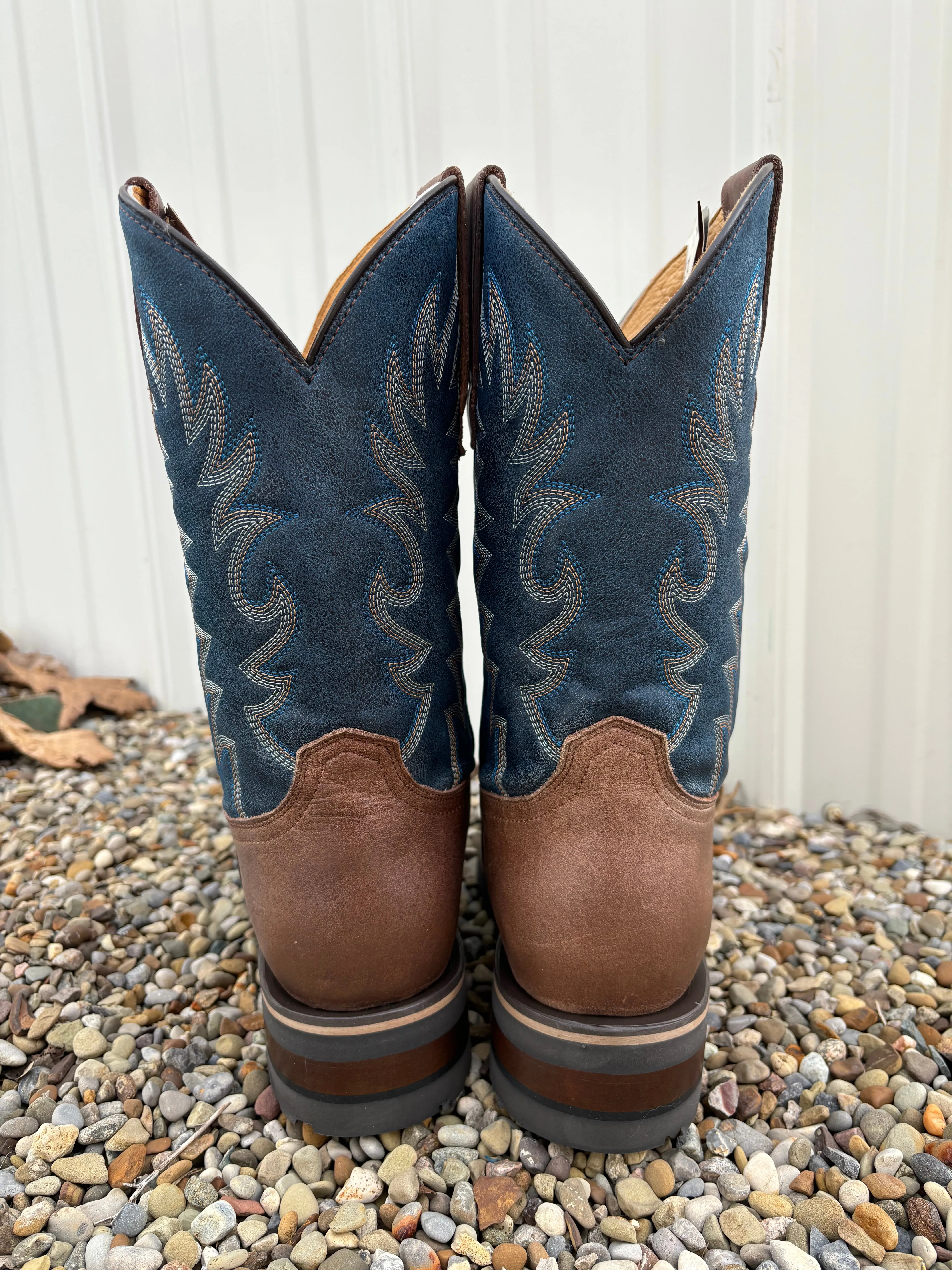 Roper Men's Waxy Brown Leather & Blue Top Square Toe Western Cowboy Boots 9991-0401MN