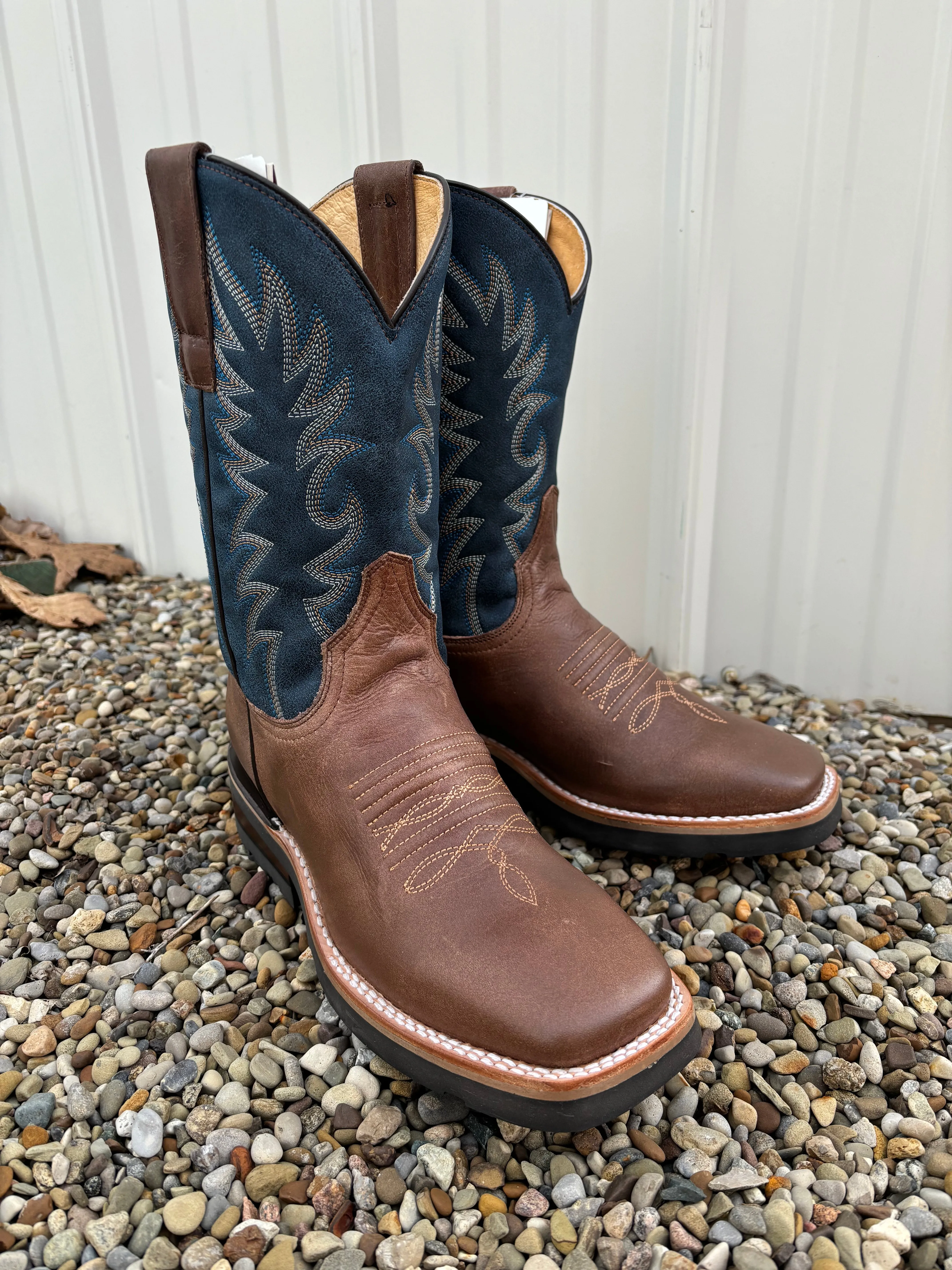 Roper Men's Waxy Brown Leather & Blue Top Square Toe Western Cowboy Boots 9991-0401MN