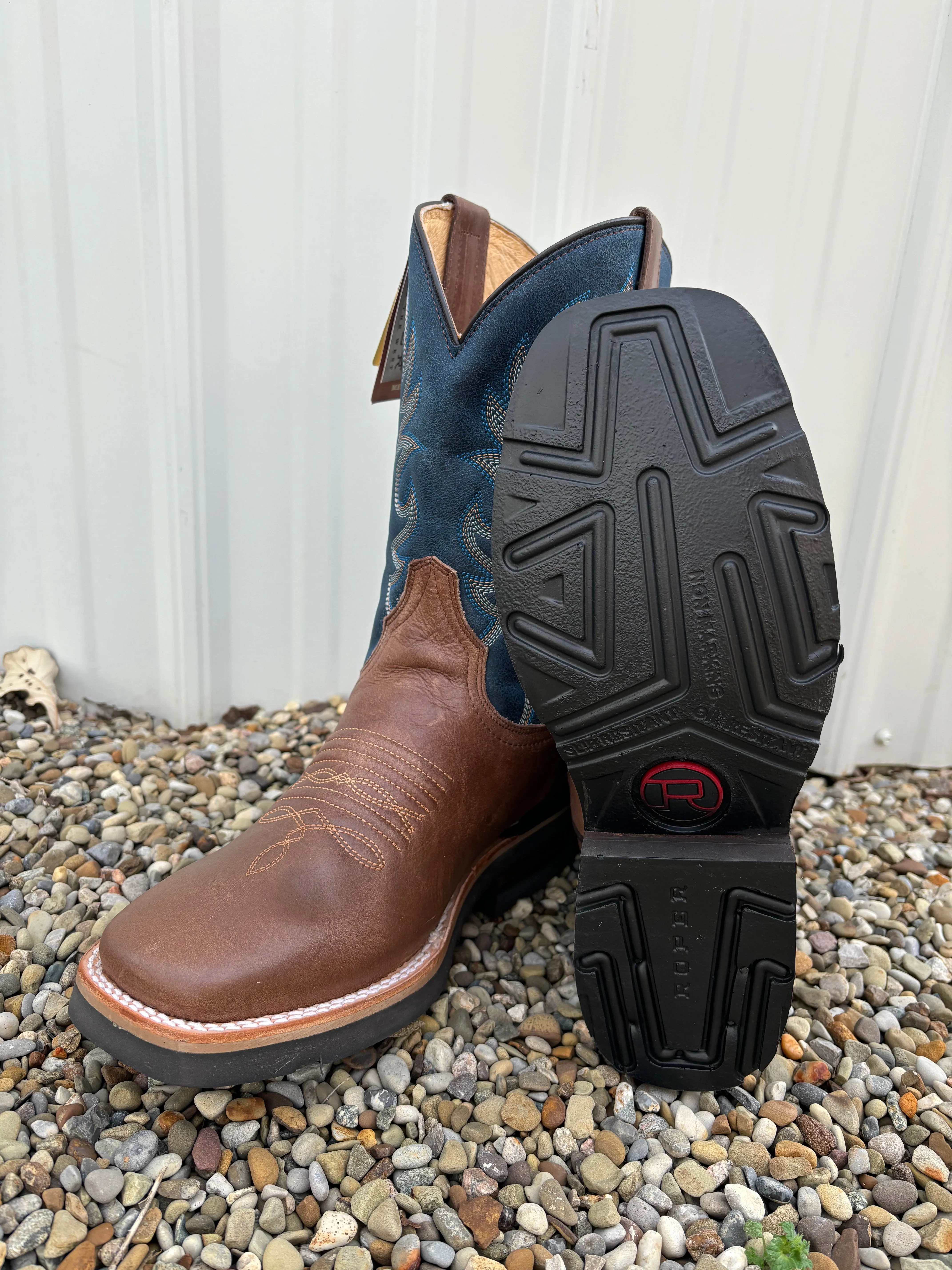 Roper Men's Waxy Brown Leather & Blue Top Square Toe Western Cowboy Boots 9991-0401MN