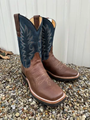 Roper Men's Waxy Brown Leather & Blue Top Square Toe Western Cowboy Boots 9991-0401MN