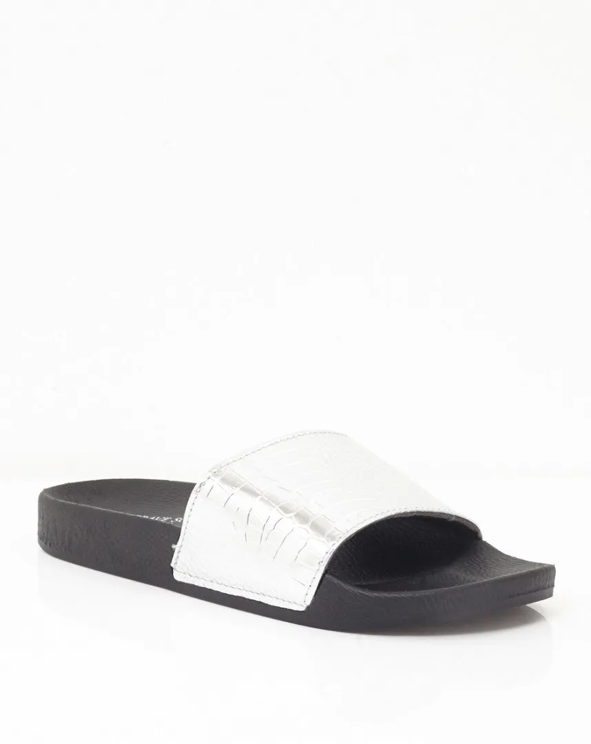 SILVER FAUX CROCODILE SKIN POOL SLIDERS
