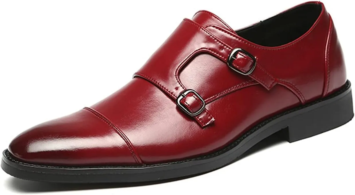 Single Season Formal Shoes for Men Slip On Monk Strap Cap Toe Black Burnished Toe PU Leather Rubber Sole Resistant Non Slip Low Top Anti-Slip Casual Very Popular Among Young People (Colo