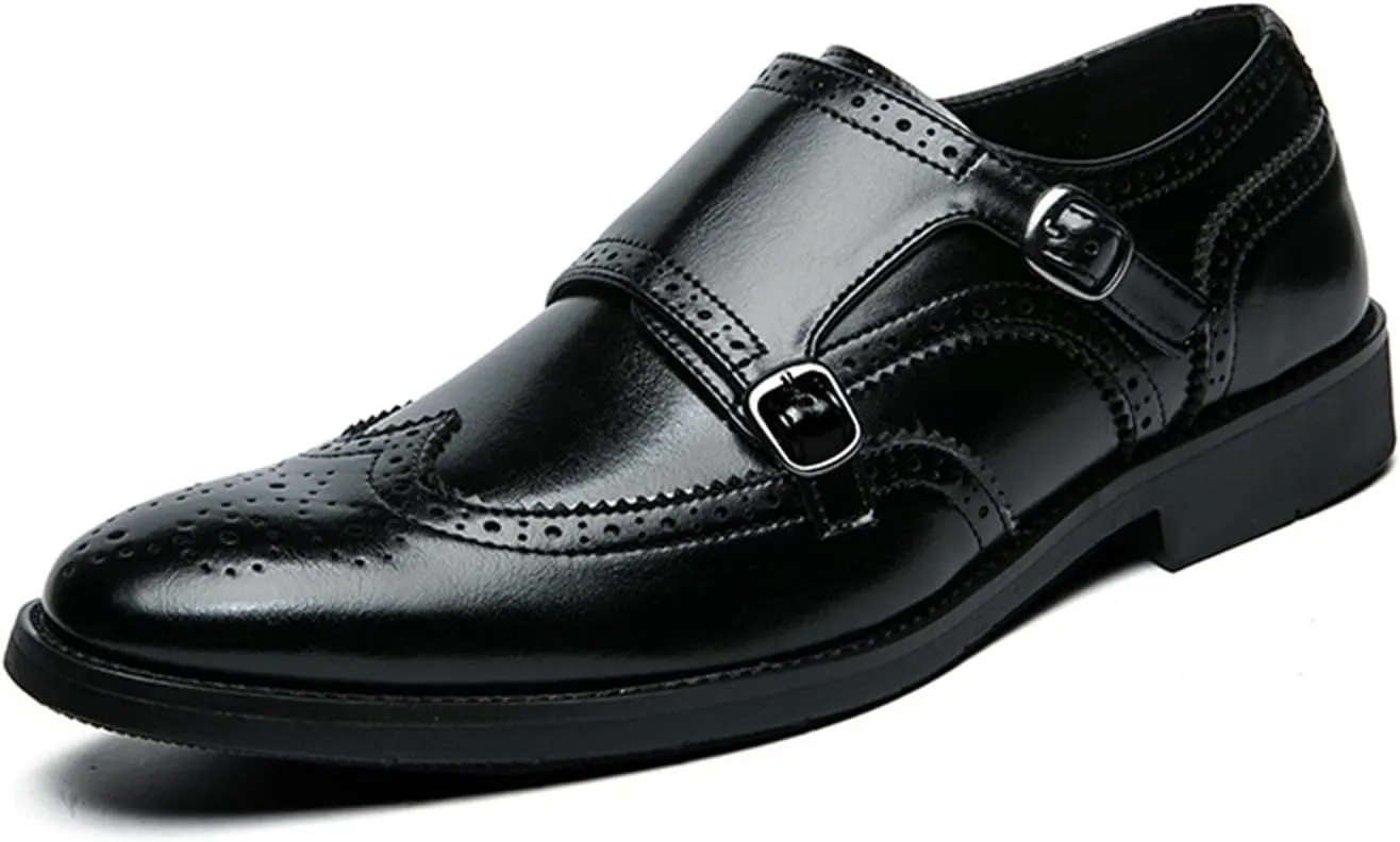 Single Season Oxford Shoes for Men Slip On Double Monk Strap Brogue Embossed Wing tip Faux Leather Block Heel Anti-Slip Rubber Sole Low Top Casual Very Popular Among Young People (Color Black